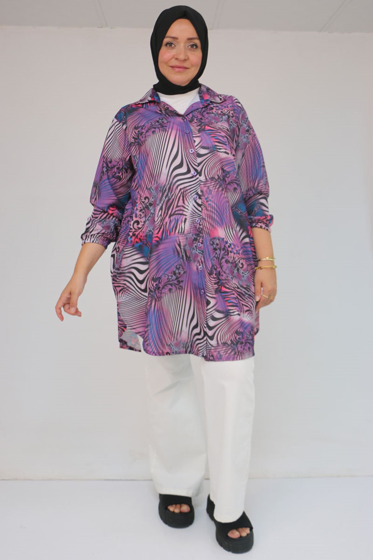 98052 Büyük Beden Erkek Yakalı Jesica Gömlek Tunik - Zebra Desen Mor
