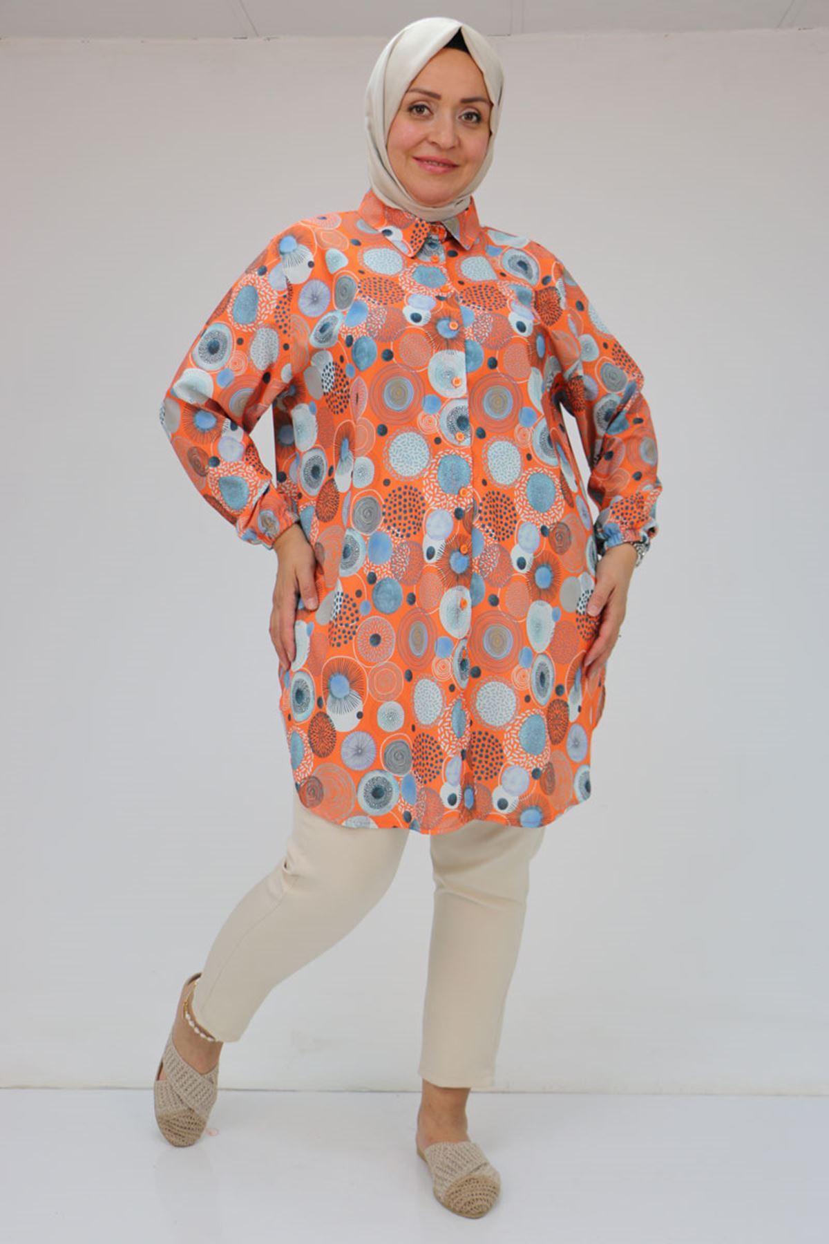 98052 Büyük Beden Erkek Yakalı Jesica Gömlek Tunik - Daire Desen Oranj