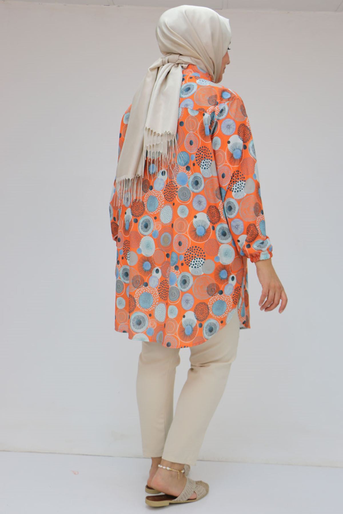 98052 Büyük Beden Erkek Yakalı Jesica Gömlek Tunik - Daire Desen Oranj