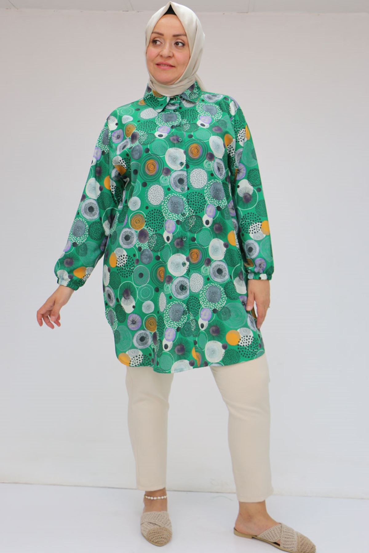 98052 Büyük Beden Erkek Yakalı Jesica Gömlek Tunik - Daire Desen Beneton