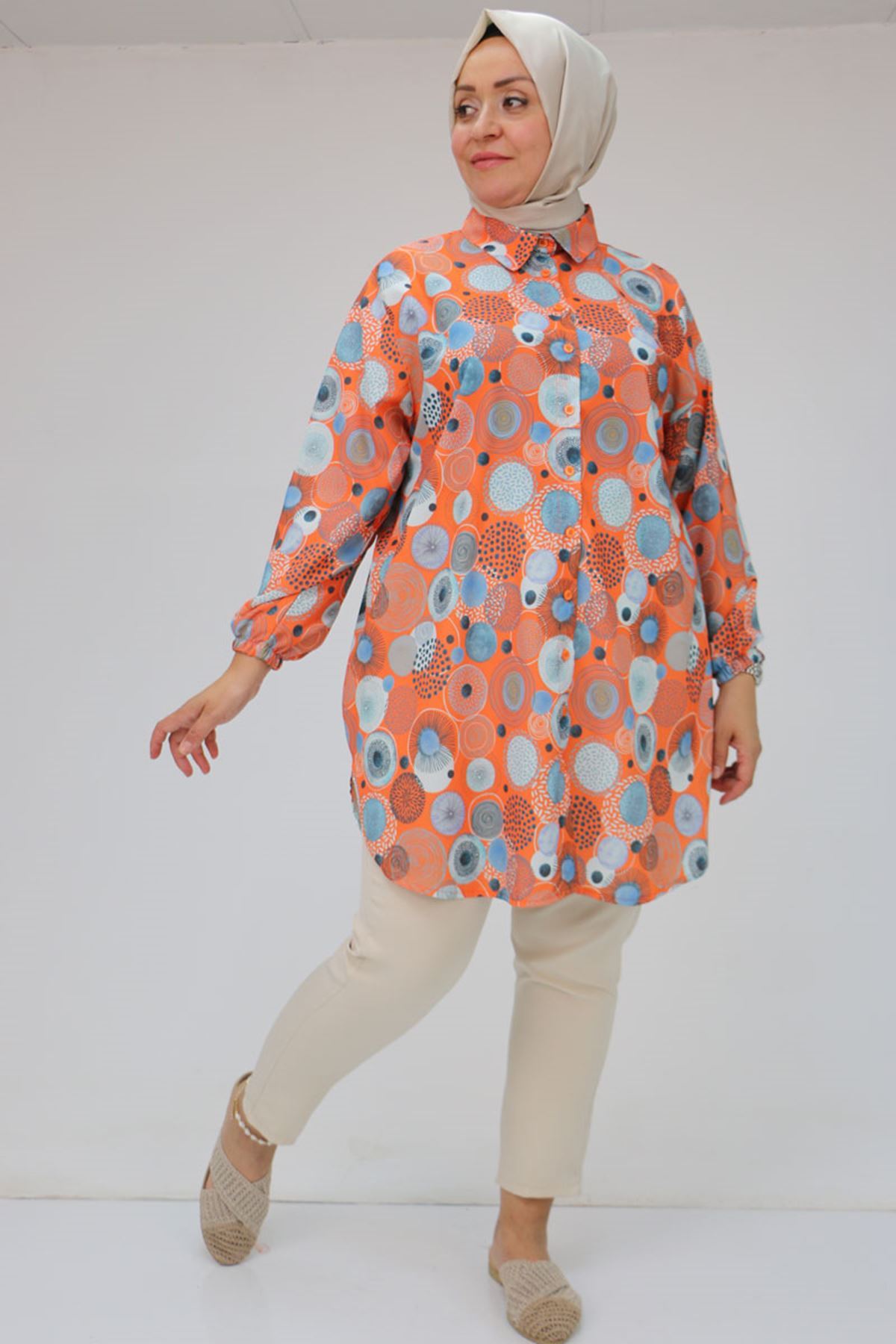 98052 Büyük Beden Erkek Yakalı Jesica Gömlek Tunik - Daire Desen Oranj
