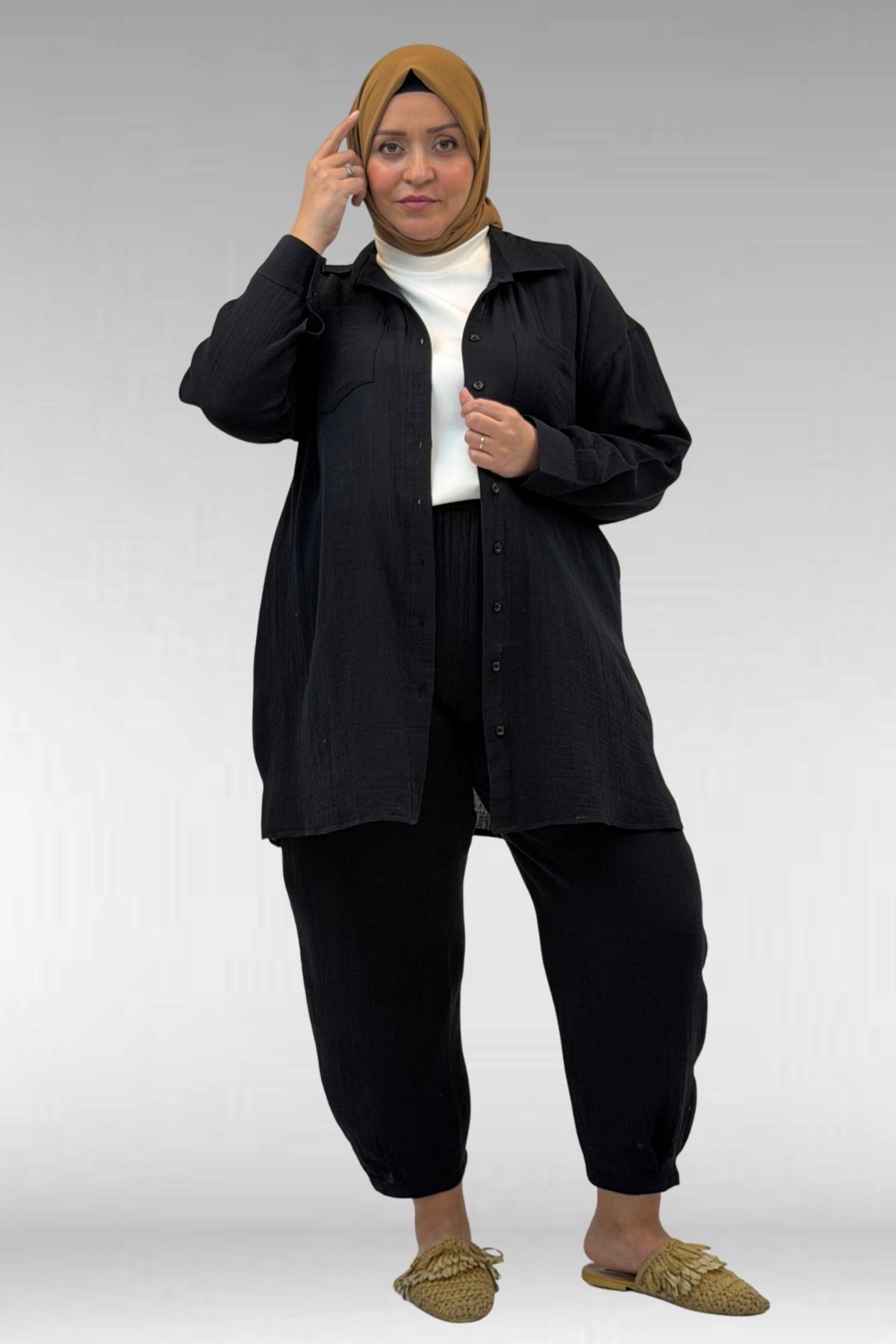 67036 Büyük Beden Cepli Düğmeli Müslin Pantolonlu Takım - Siyah