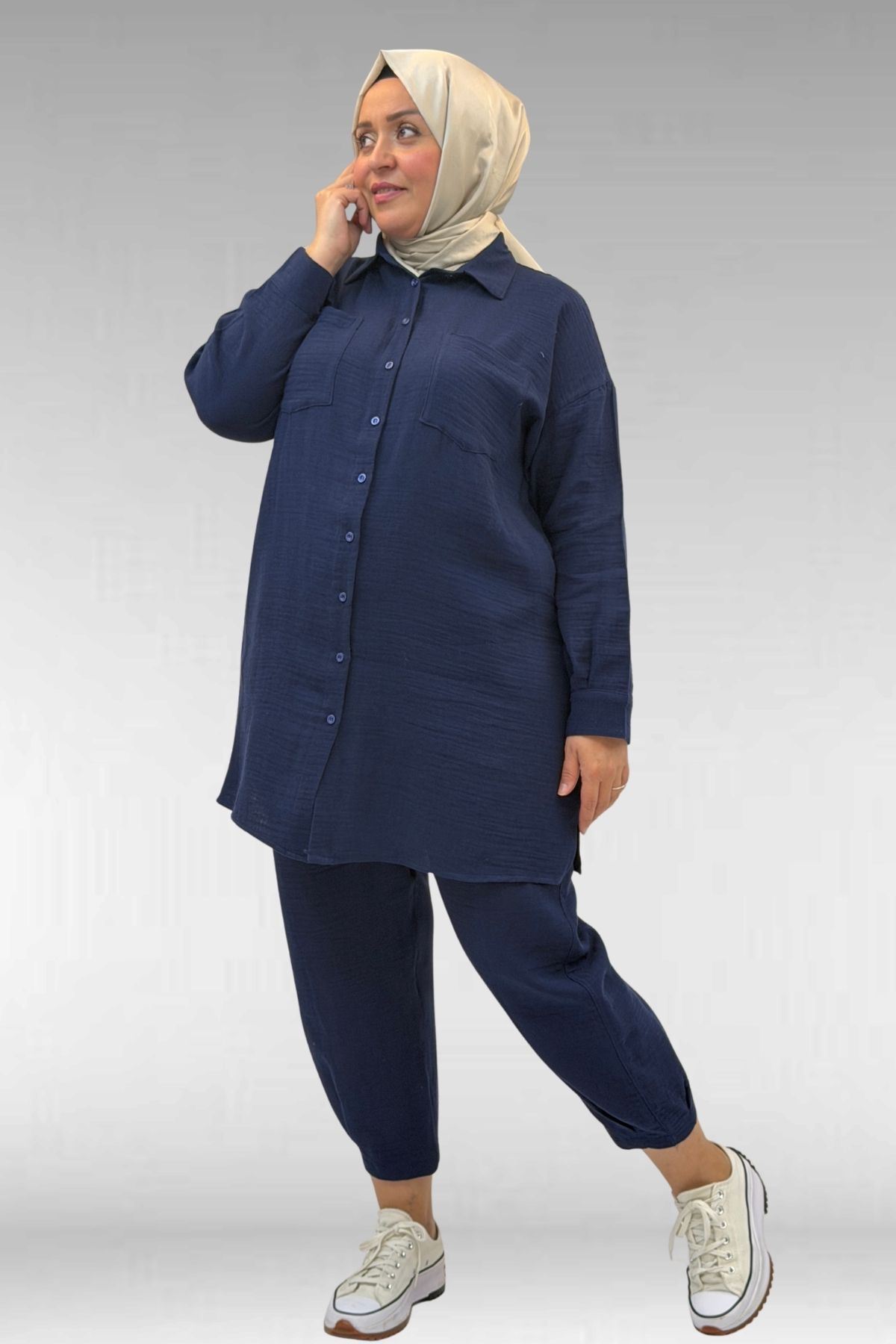 67036 Büyük Beden Cepli Düğmeli Müslin Pantolonlu Takım - Lacivert
