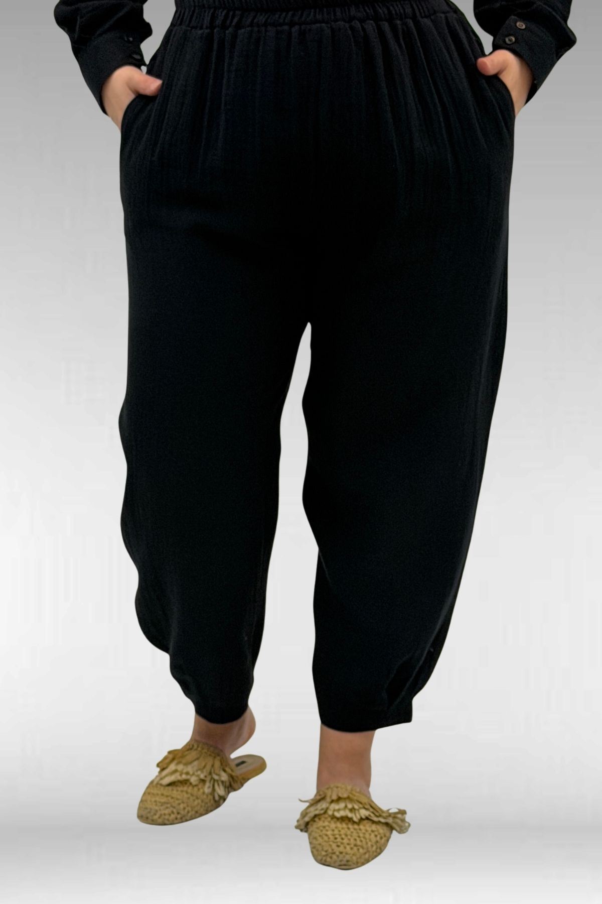 67036 Büyük Beden Cepli Düğmeli Müslin Pantolonlu Takım - Siyah