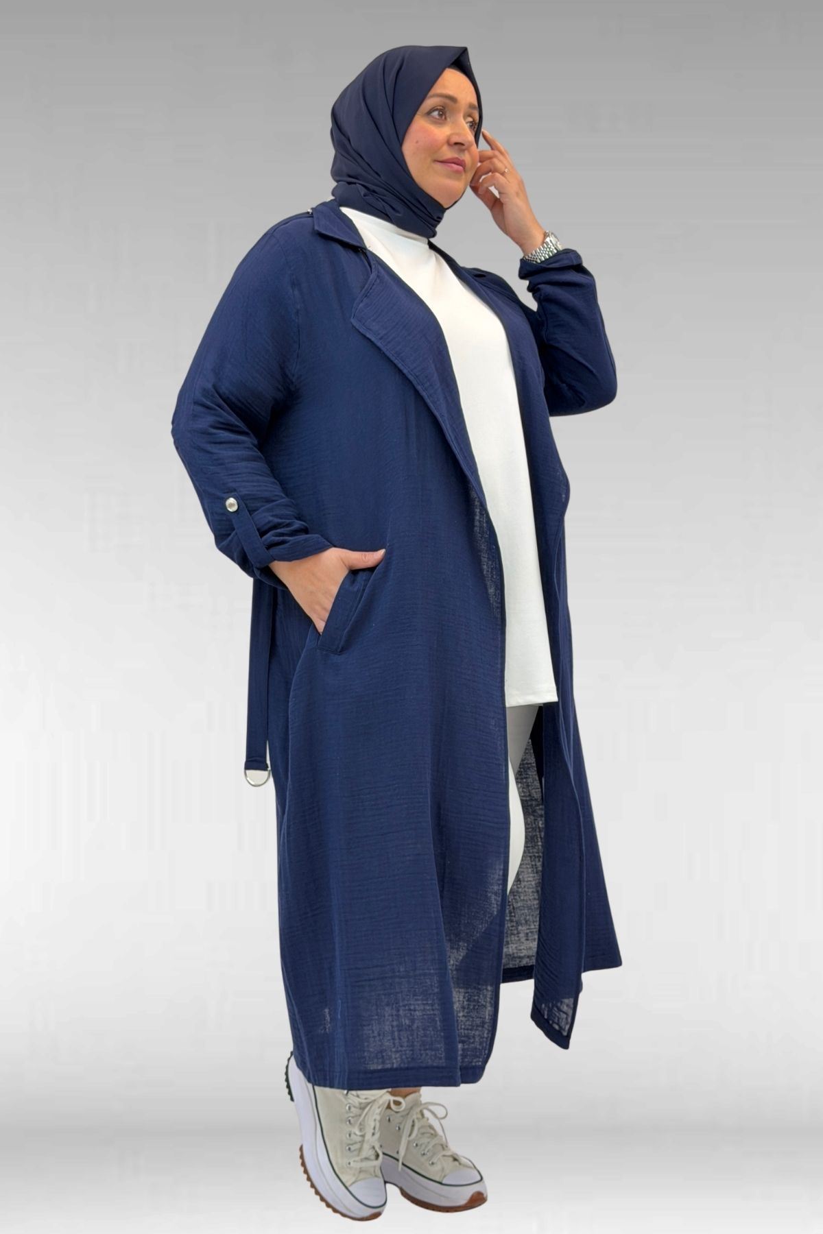 63006  Büyük Beden D Halka Detaylı Müslin Trençkot - Lacivert