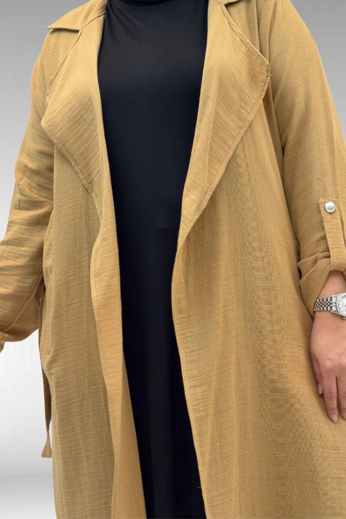 63006  Büyük Beden D Halka Detaylı Müslin Trençkot - Bisküvi