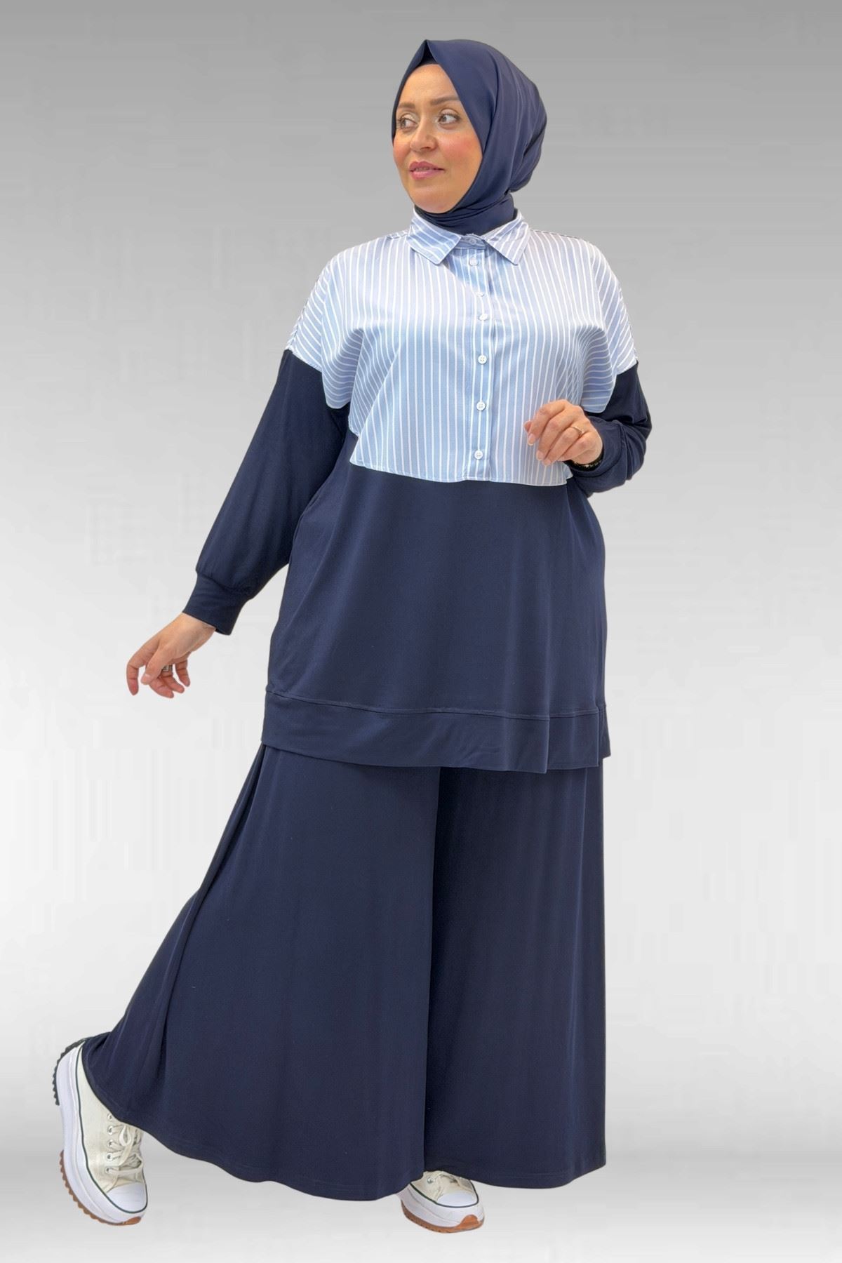 57016  Büyük Beden Erkek Yaka Kombinli Pantolonlu Takım - Lacivert-Mavi