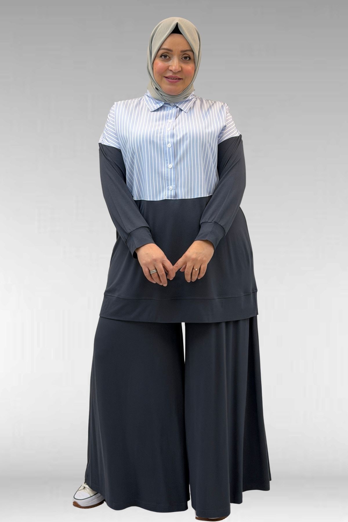 57016  Büyük Beden Erkek Yaka Kombinli Pantolonlu Takım - Antrasit-Mavi