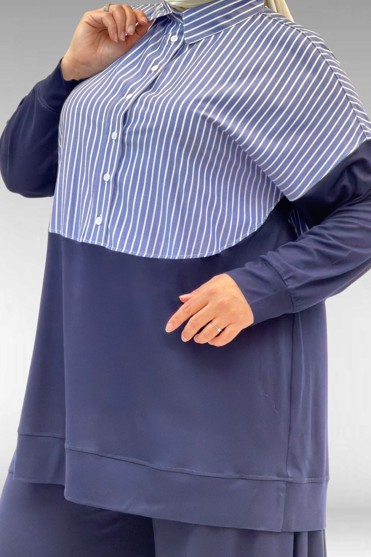 57016  Büyük Beden Erkek Yaka Kombinli Pantolonlu Takım - Lacivert -Lacivert