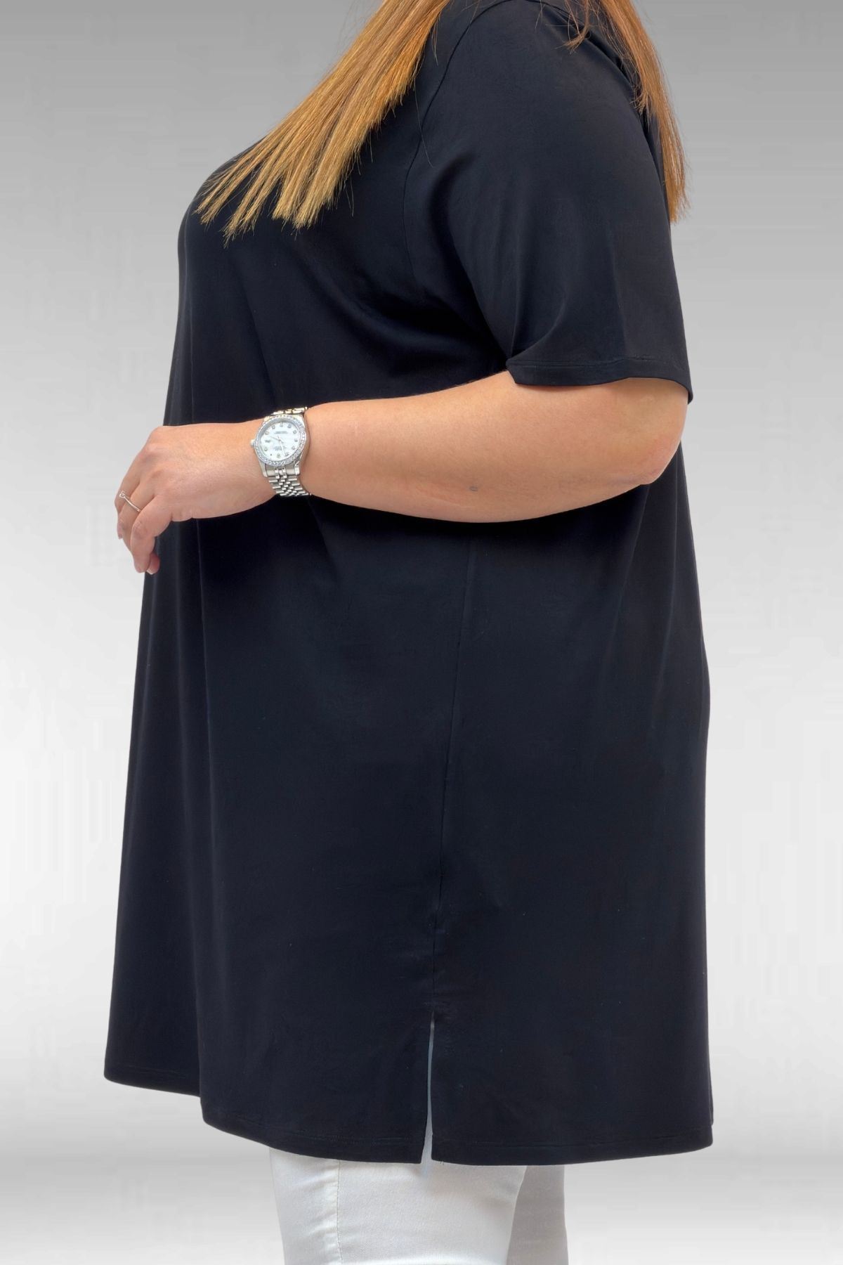 58507 Büyük Beden Yakası Biyeli Penye Tişört - Lacivert