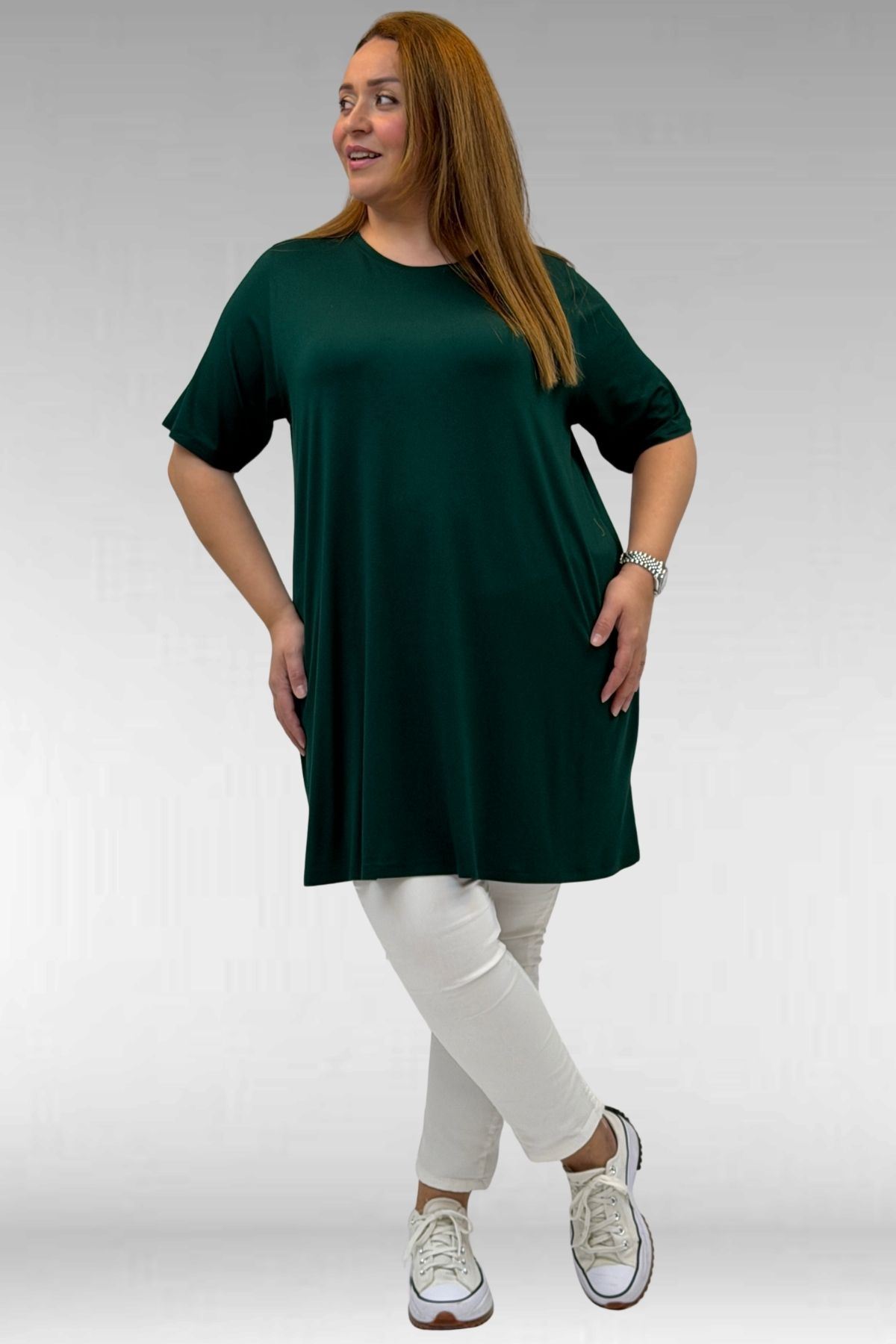 58507 Büyük Beden Yakası Biyeli Penye Tişört - Zümrüt