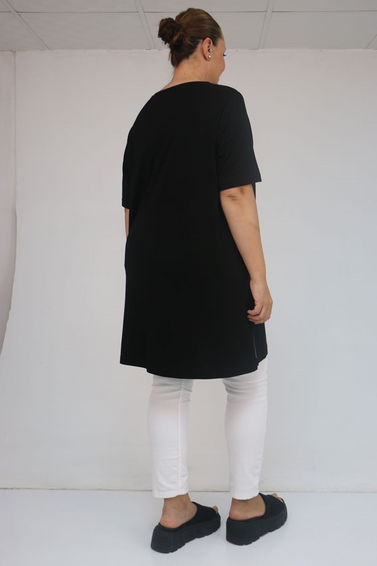 58507 Büyük Beden Yakası Biyeli Penye Tişört - Siyah