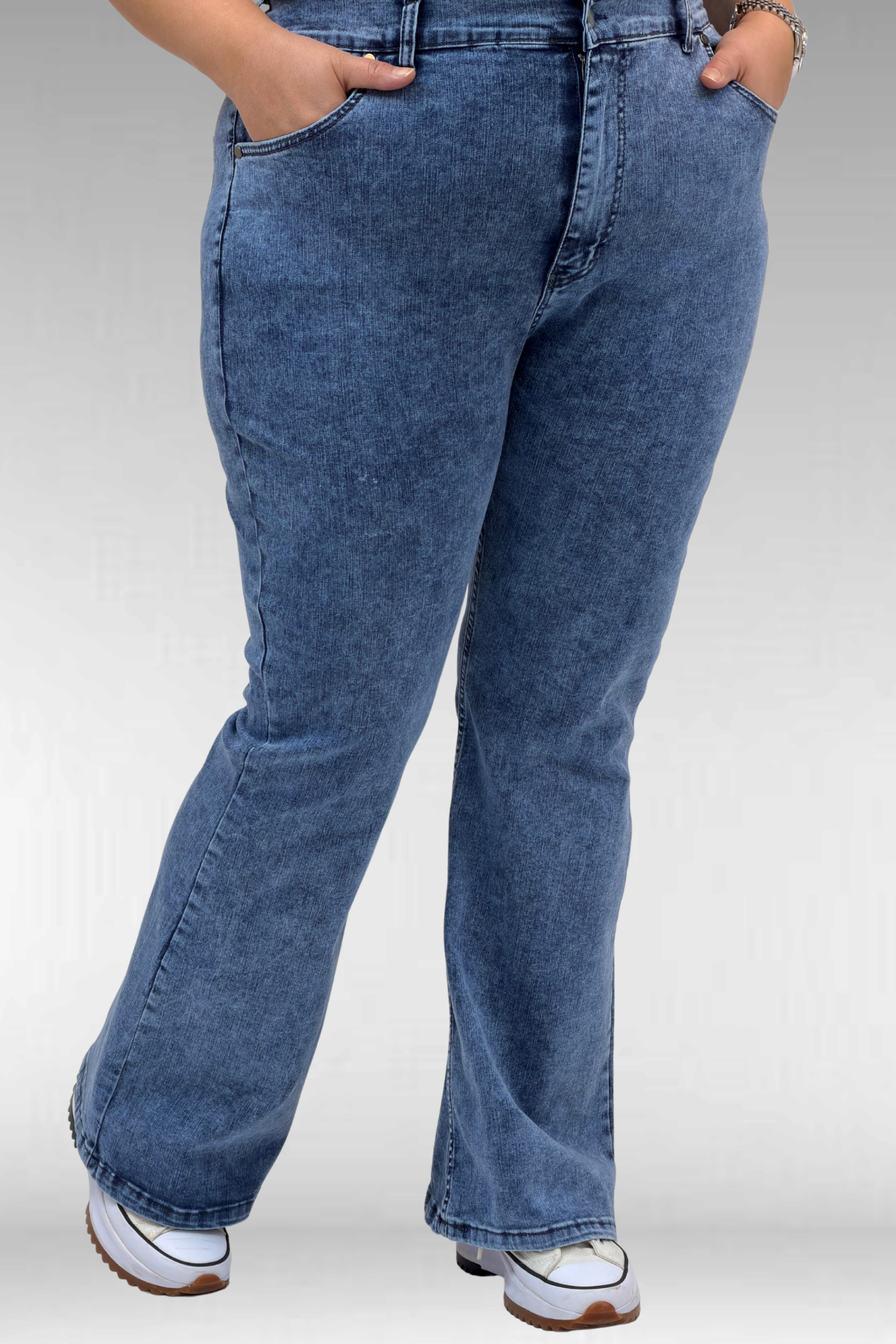 9110-11 Büyük Beden İspanyol Paça Kot Pantolon - Mavi