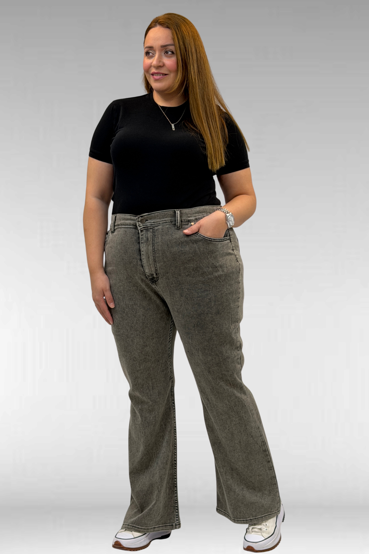 9110-11 Büyük Beden İspanyol Paça Kot Pantolon - Antrasit