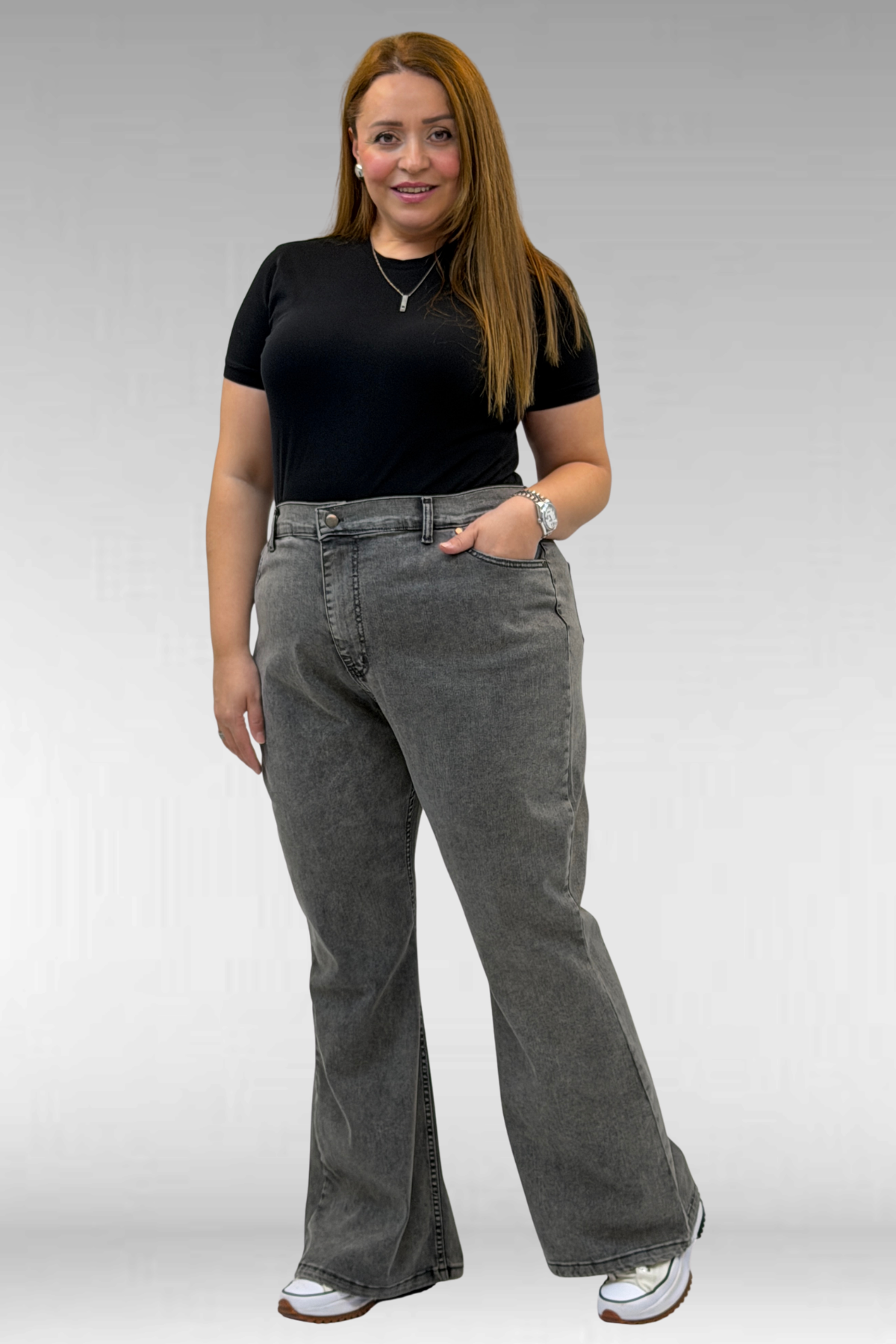 9110-11 Büyük Beden İspanyol Paça Kot Pantolon - Siyah