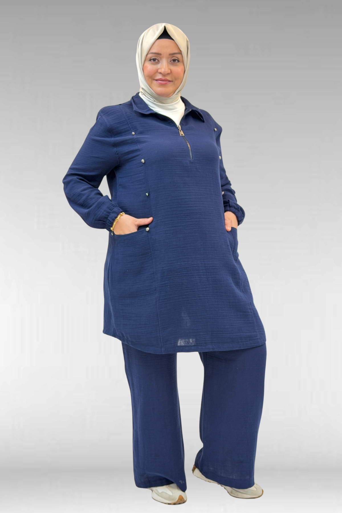 67020 Büyük Beden Yarım Fermuarlı Erkek Yakalı Müslin Pantolonlu Takım - Lacivert