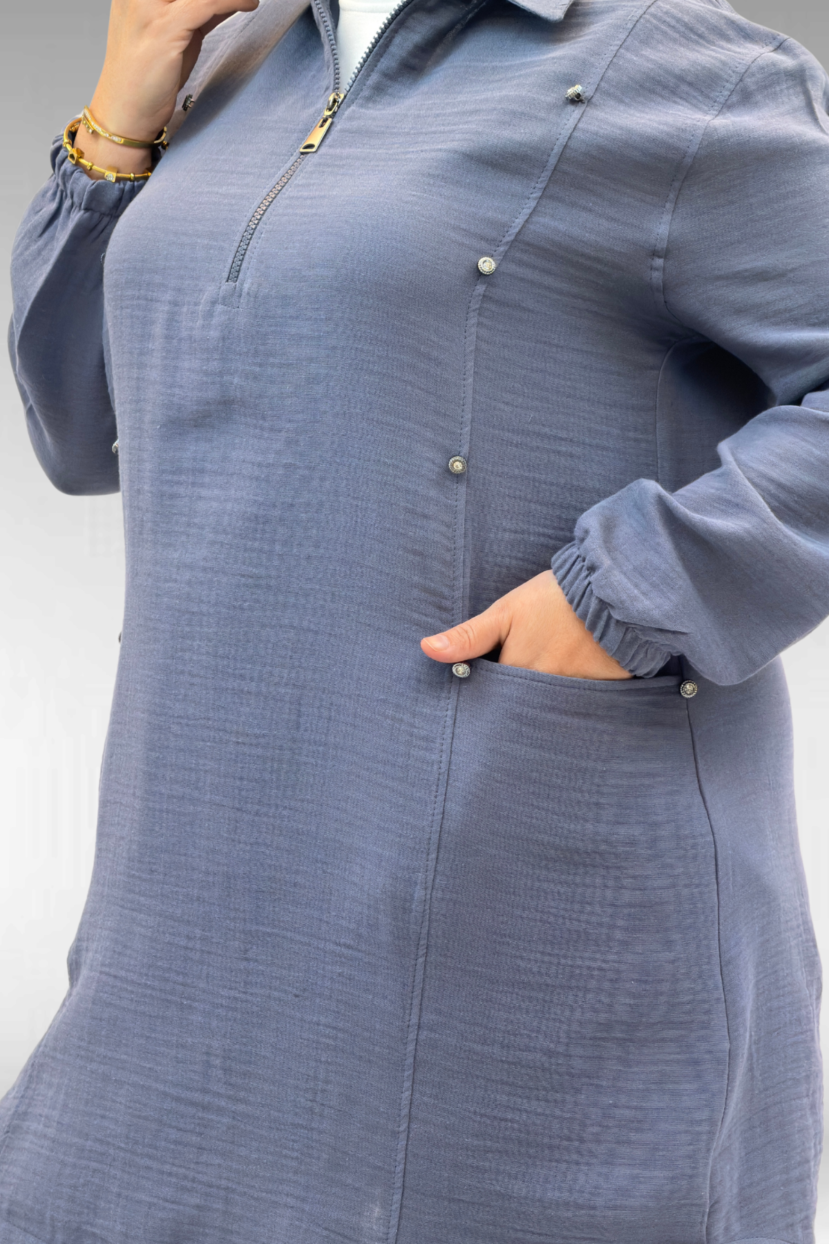 67020 Büyük Beden Yarım Fermuarlı Erkek Yakalı Müslin Pantolonlu Takım - Antrasit