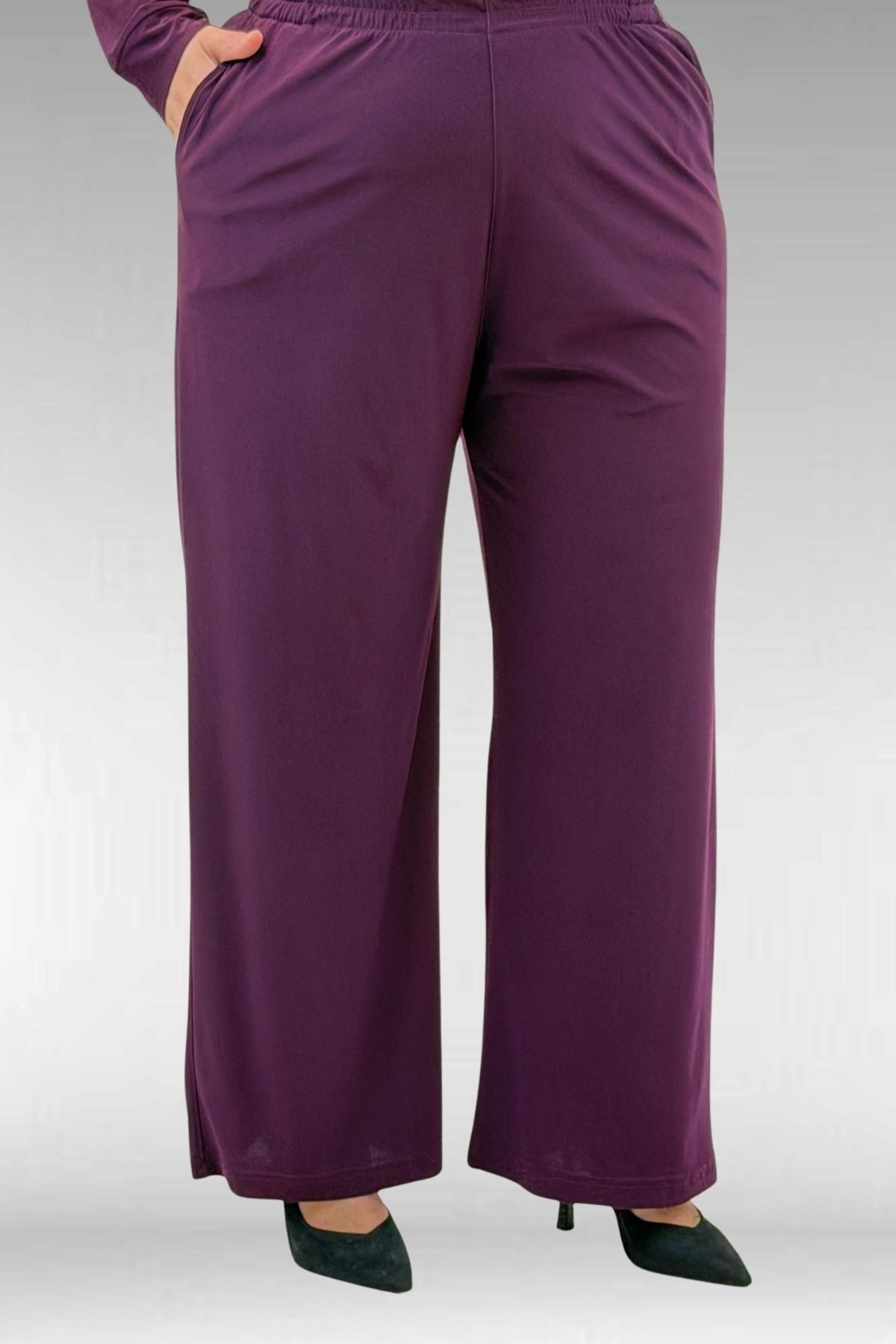 67022 Büyük Beden Omzu Taş Detaylı Sandy Pantolonlu Takım - Mürdüm