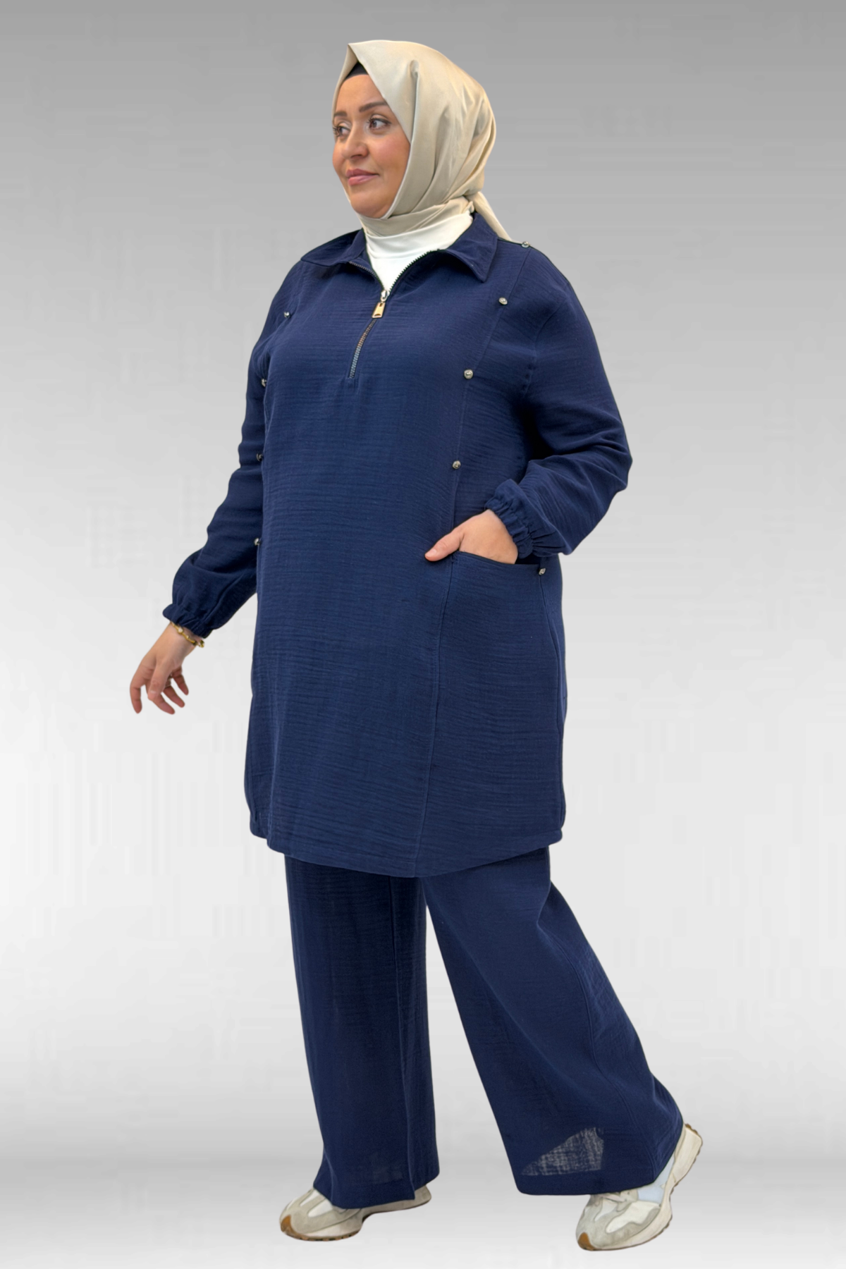 67020 Büyük Beden Yarım Fermuarlı Erkek Yakalı Müslin Pantolonlu Takım - Lacivert