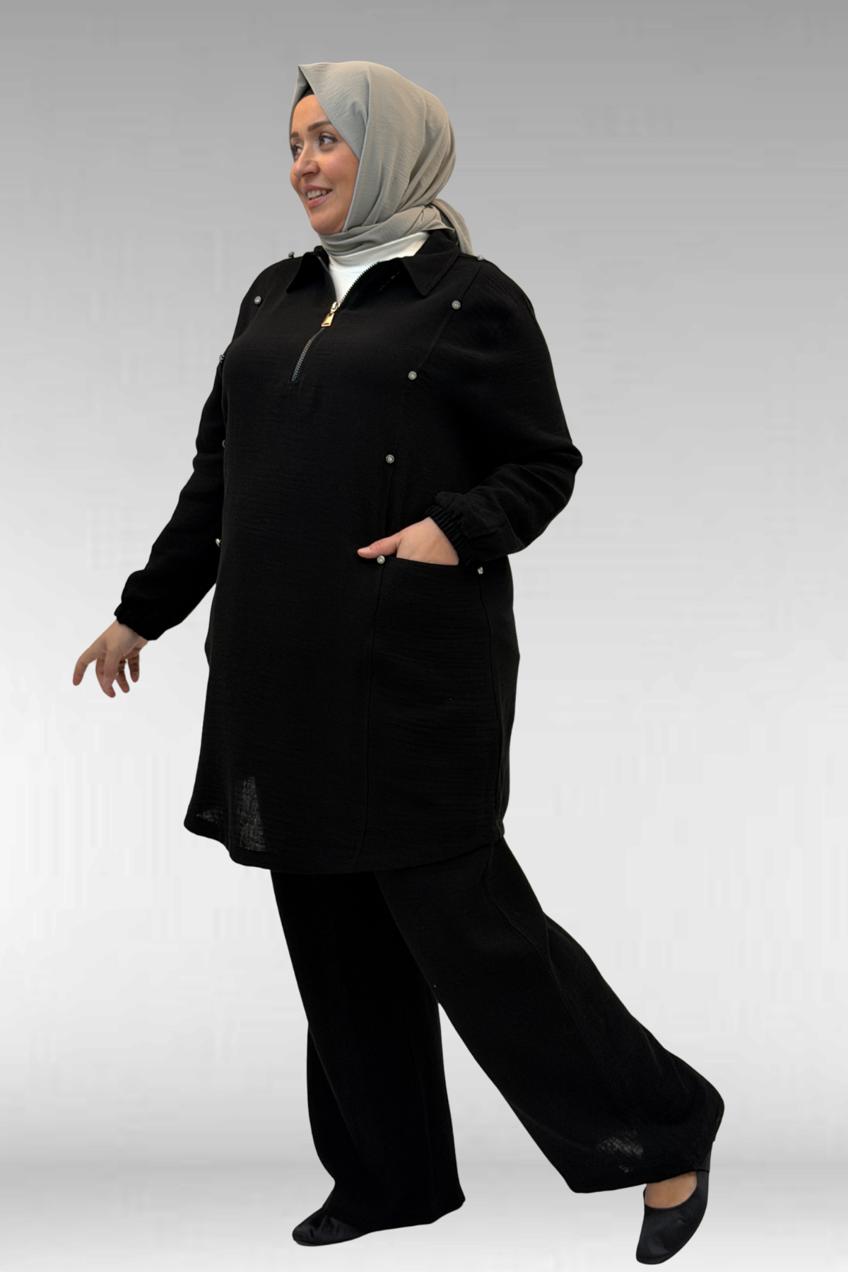 67020 Büyük Beden Yarım Fermuarlı Erkek Yakalı Müslin Pantolonlu Takım - Siyah