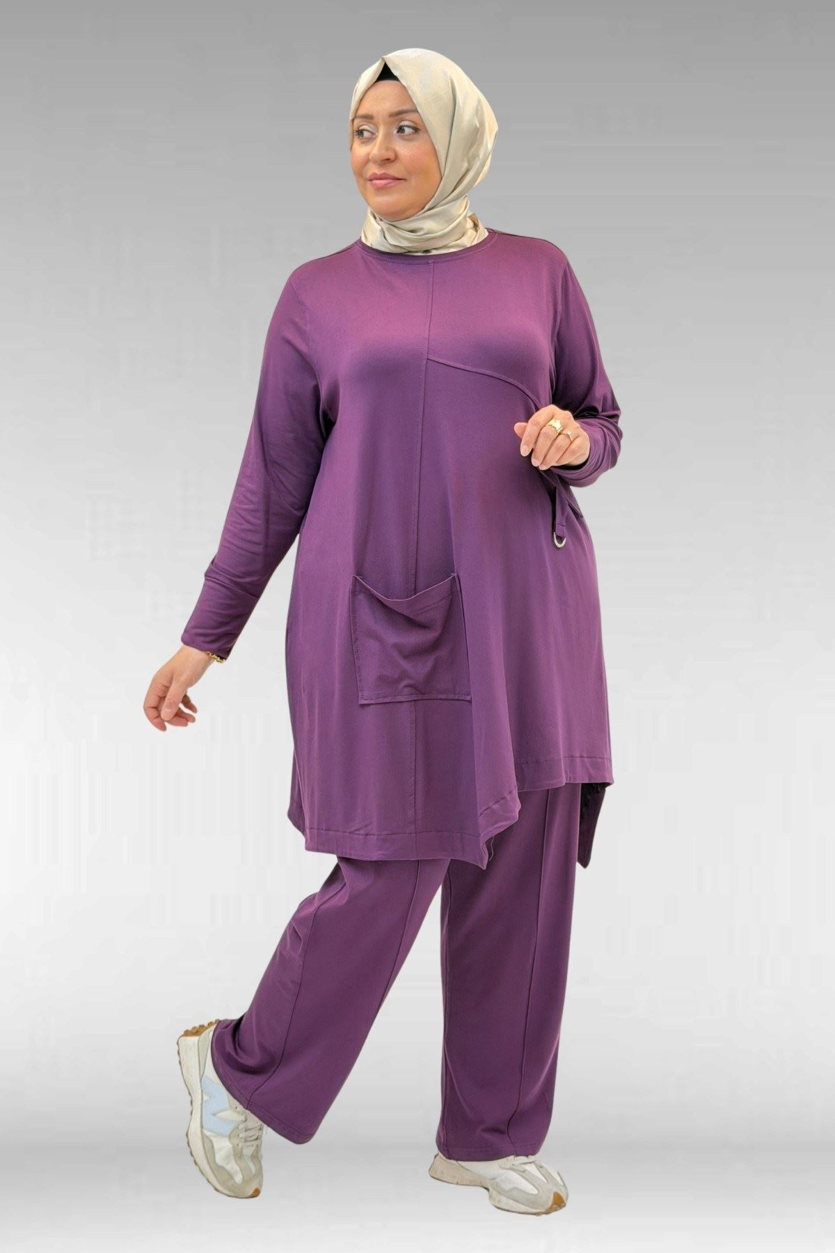 67040 Büyük Beden Cep Kapak Modelli D Halka Detaylı Penye Pantolonlu Takım - Mürdüm