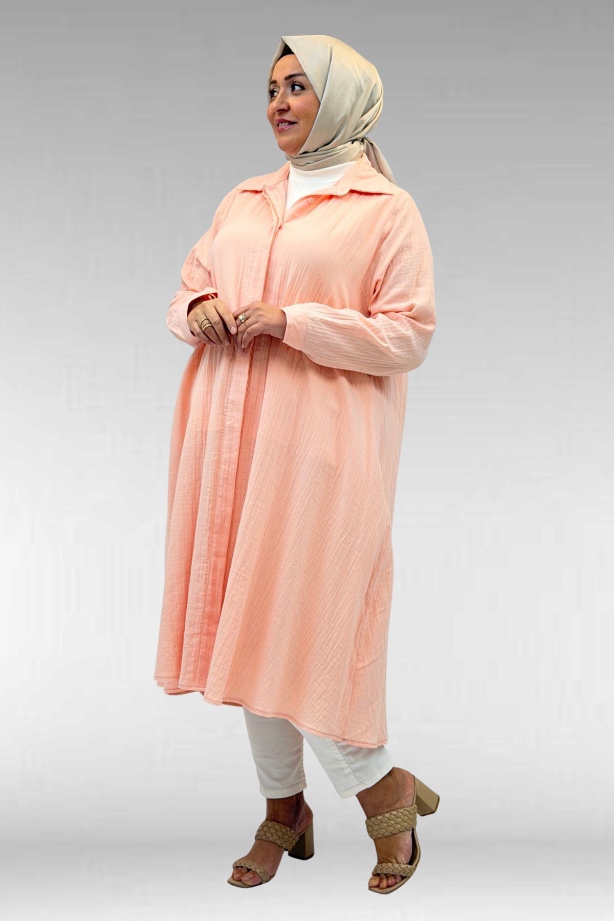 58093-1 Büyük Beden Mevlana Kesim Müslin Gömlek - Toz Pembe