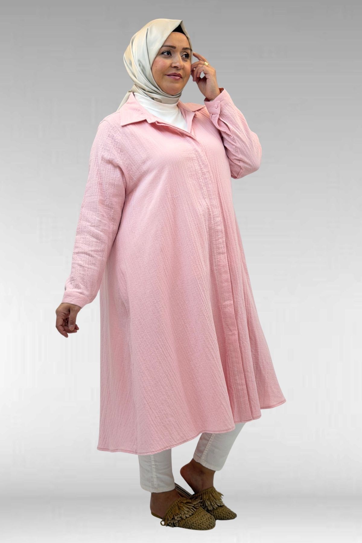 58093-1 Büyük Beden Mevlana Kesim Müslin Gömlek - Şeker Pembesi