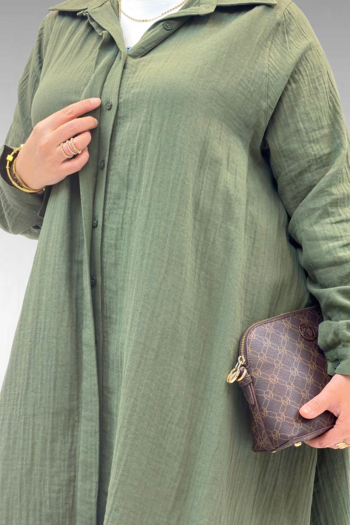 58093-1 Büyük Beden Mevlana Kesim Müslin Gömlek - Haki