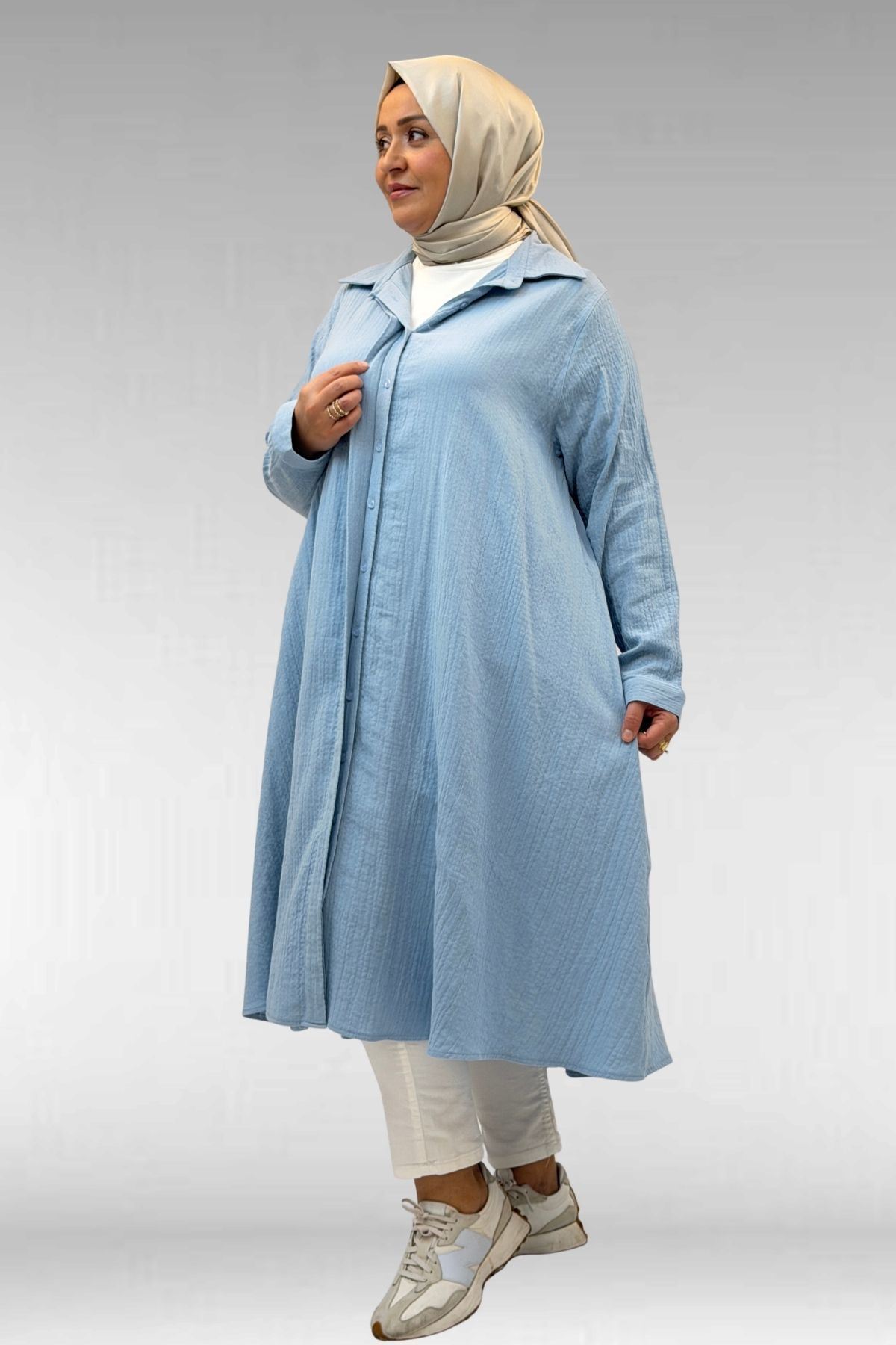 58093-1 Büyük Beden Mevlana Kesim Müslin Gömlek - Bebe Mavi