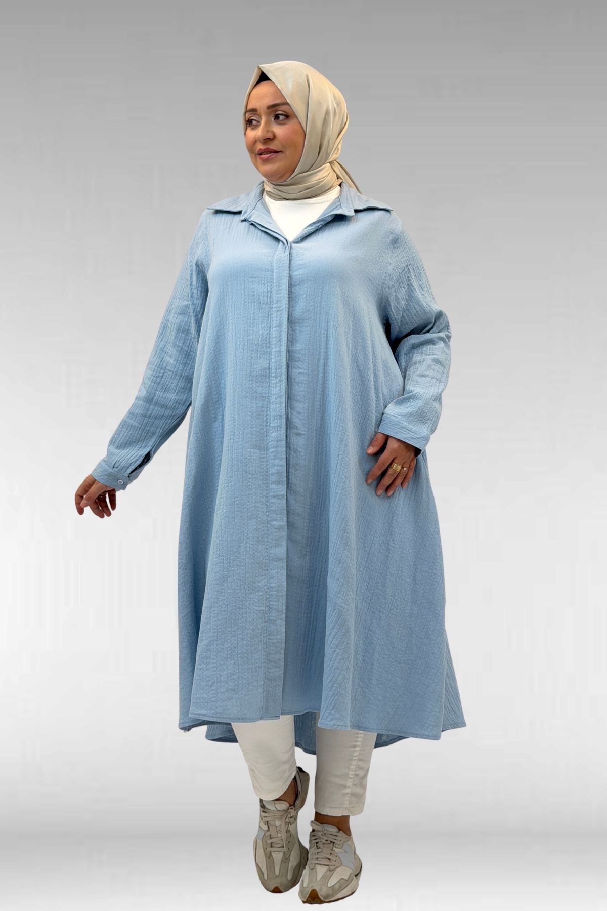 58093-1 Büyük Beden Mevlana Kesim Müslin Gömlek - Bebe Mavi