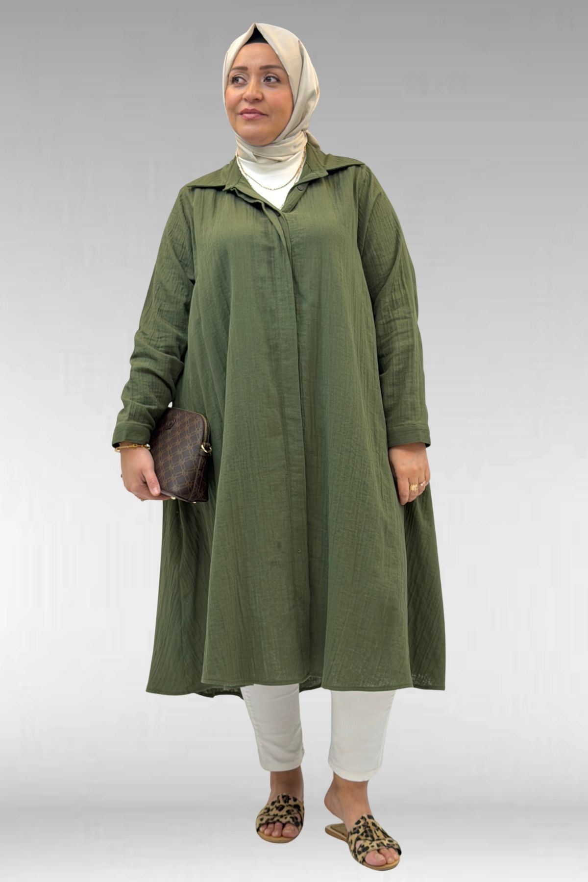 58093-1 Büyük Beden Mevlana Kesim Müslin Gömlek - Haki