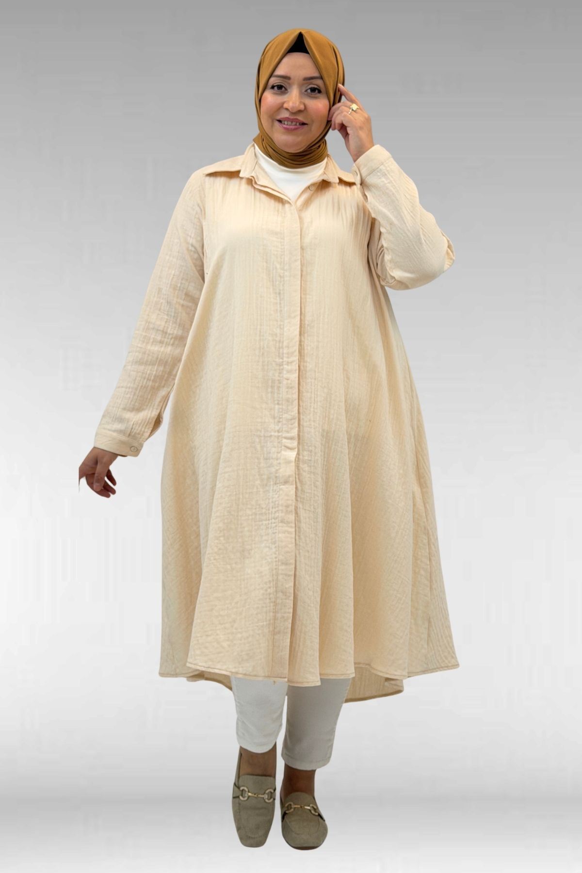 58093-1 Büyük Beden Mevlana Kesim Müslin Gömlek - Krem