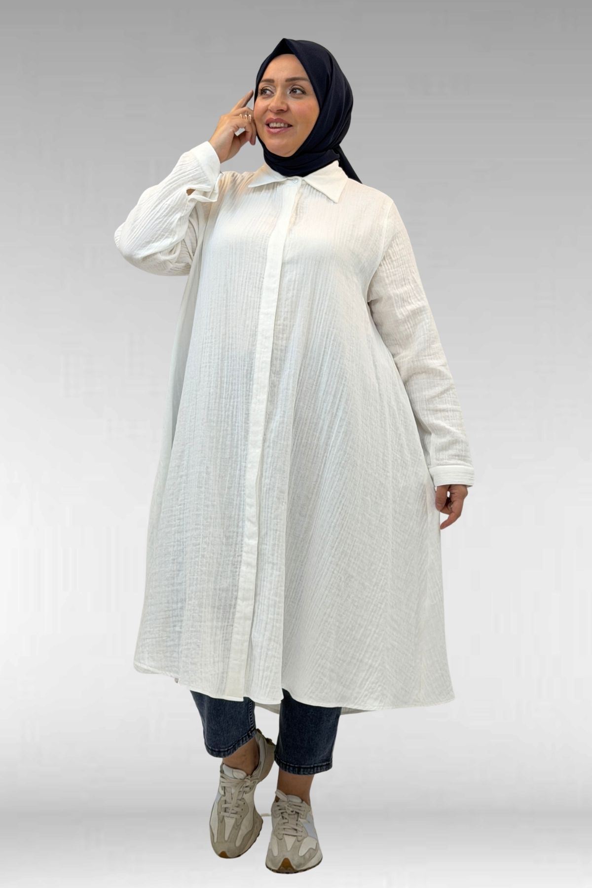 58093-1 Büyük Beden Mevlana Kesim Müslin Gömlek - Ekru