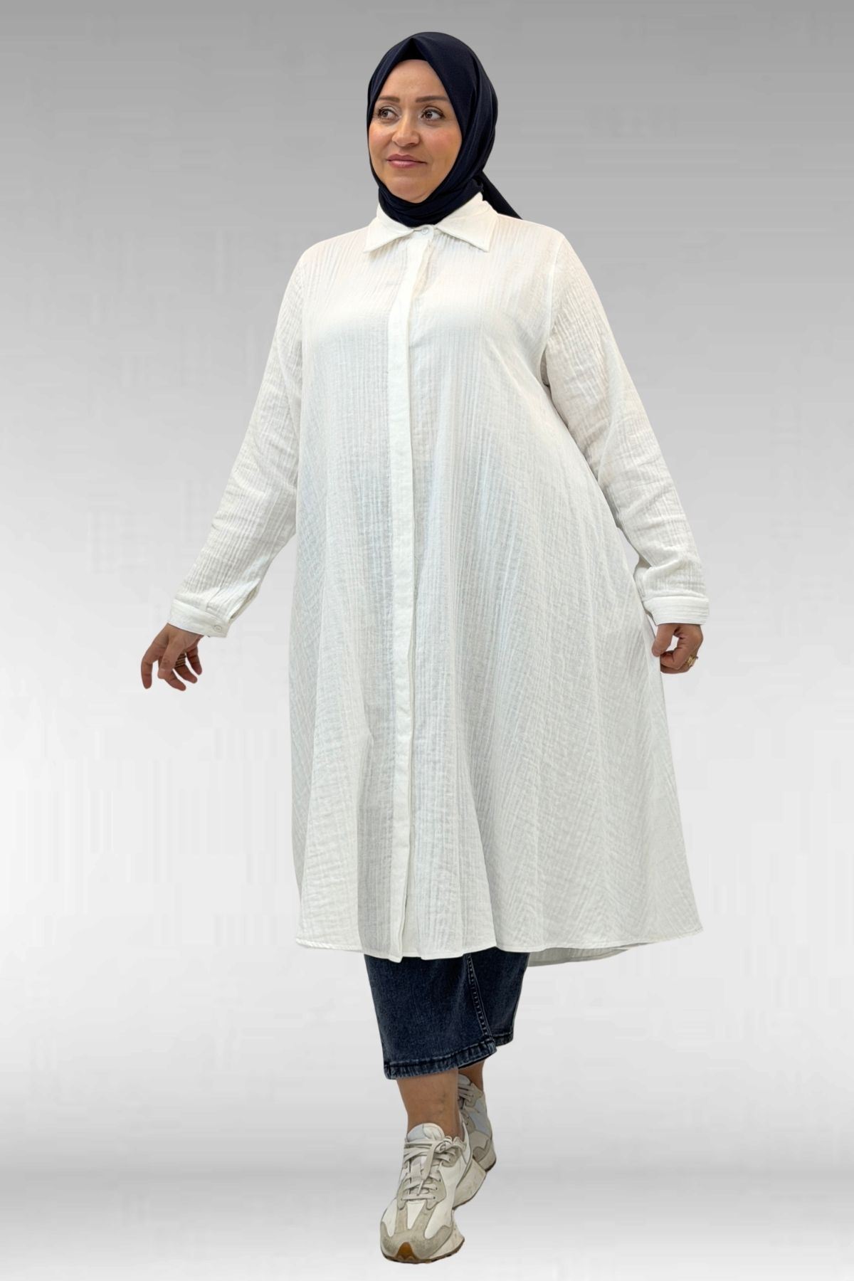 58093-1 Büyük Beden Mevlana Kesim Müslin Gömlek - Ekru