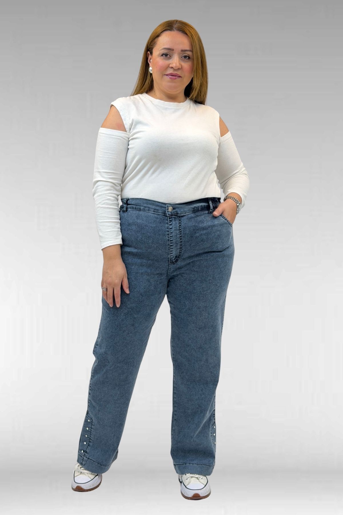 59024 Büyük Beden Paçasında Taş Detaylı Kot Pantolon - Petrol