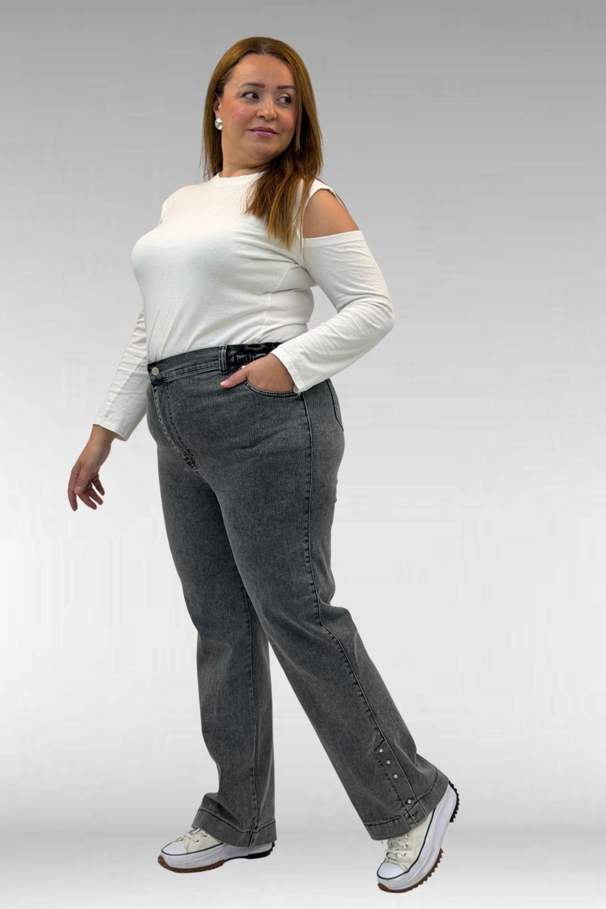 59024 Büyük Beden Paçasında Taş Detaylı Kot Pantolon - Antrasit