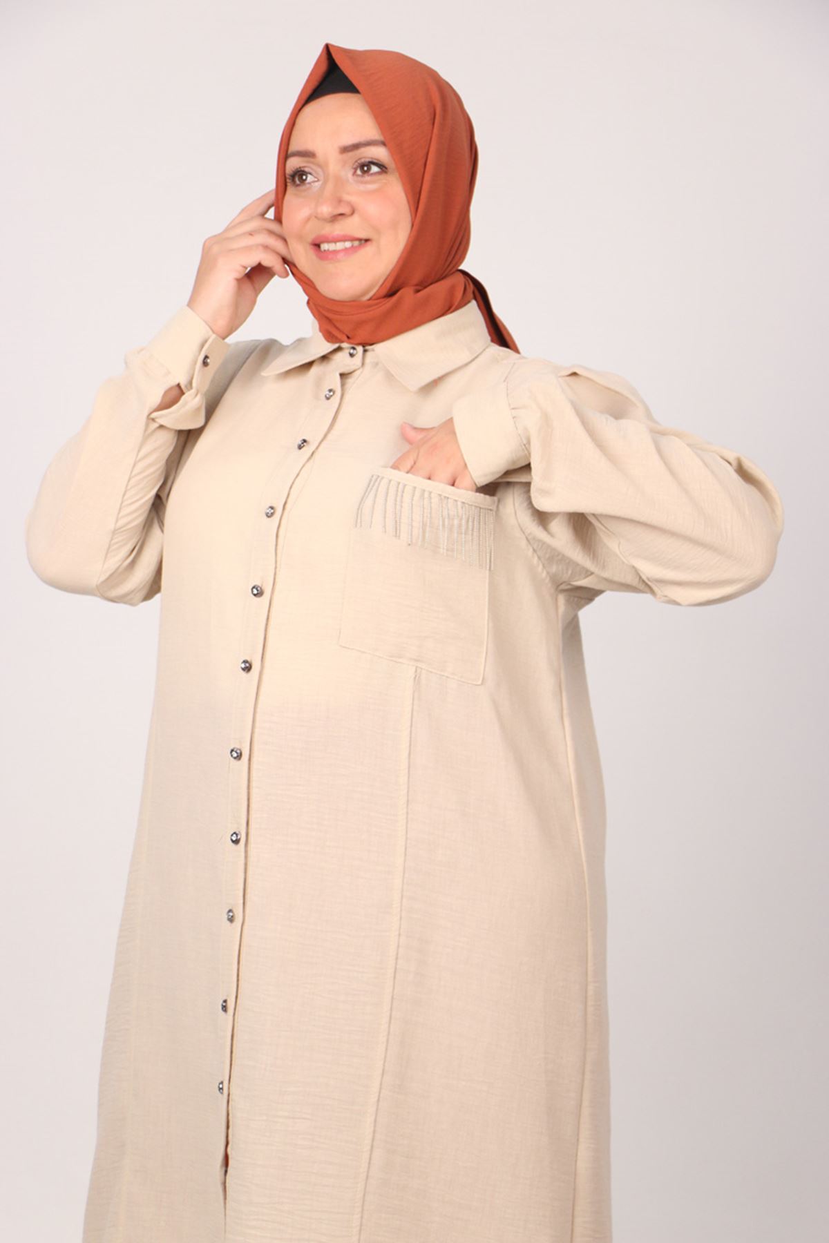 38099 Büyük Beden Cep Detaylı Keten Airobin Gömlek - Taş