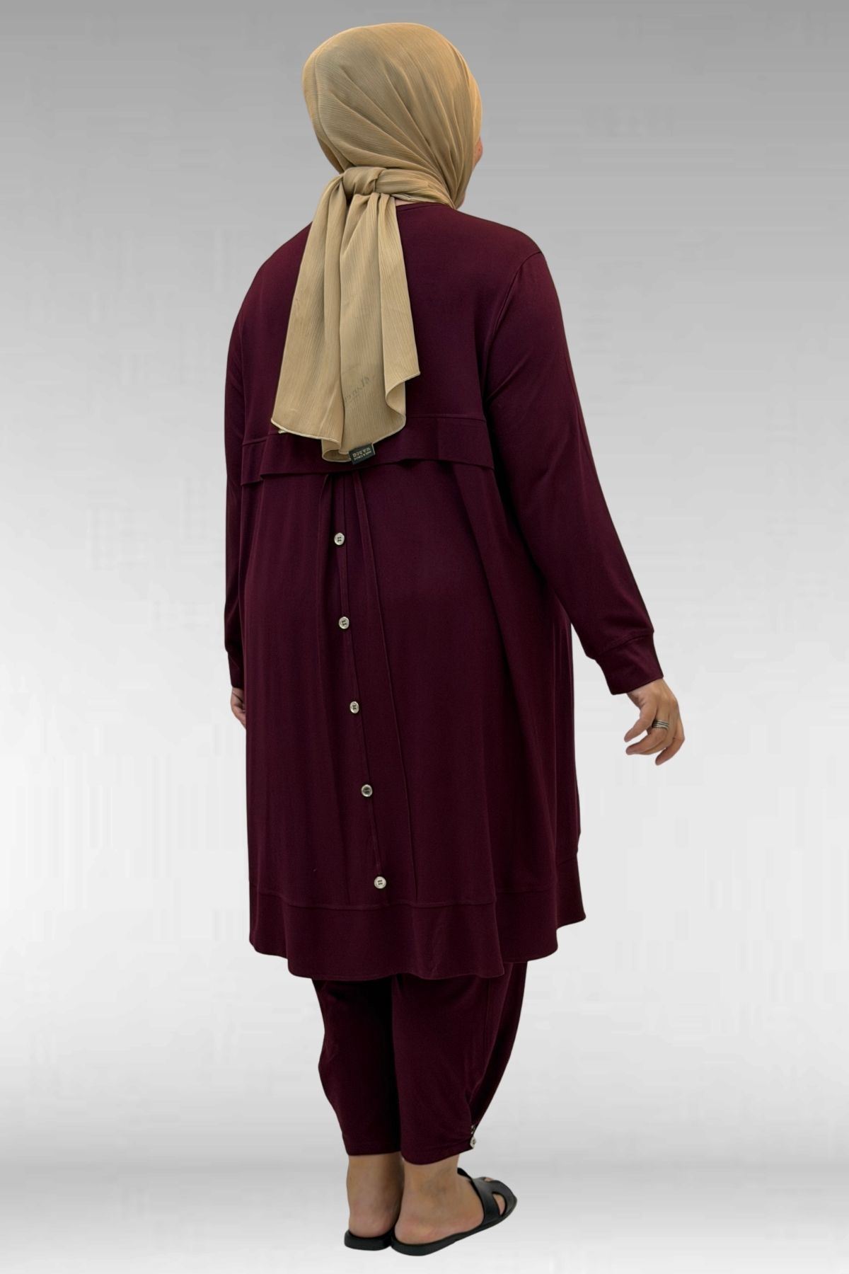 67041 Büyük Beden Düğme Detaylı Penye Pantolonlu Takım - Bordo