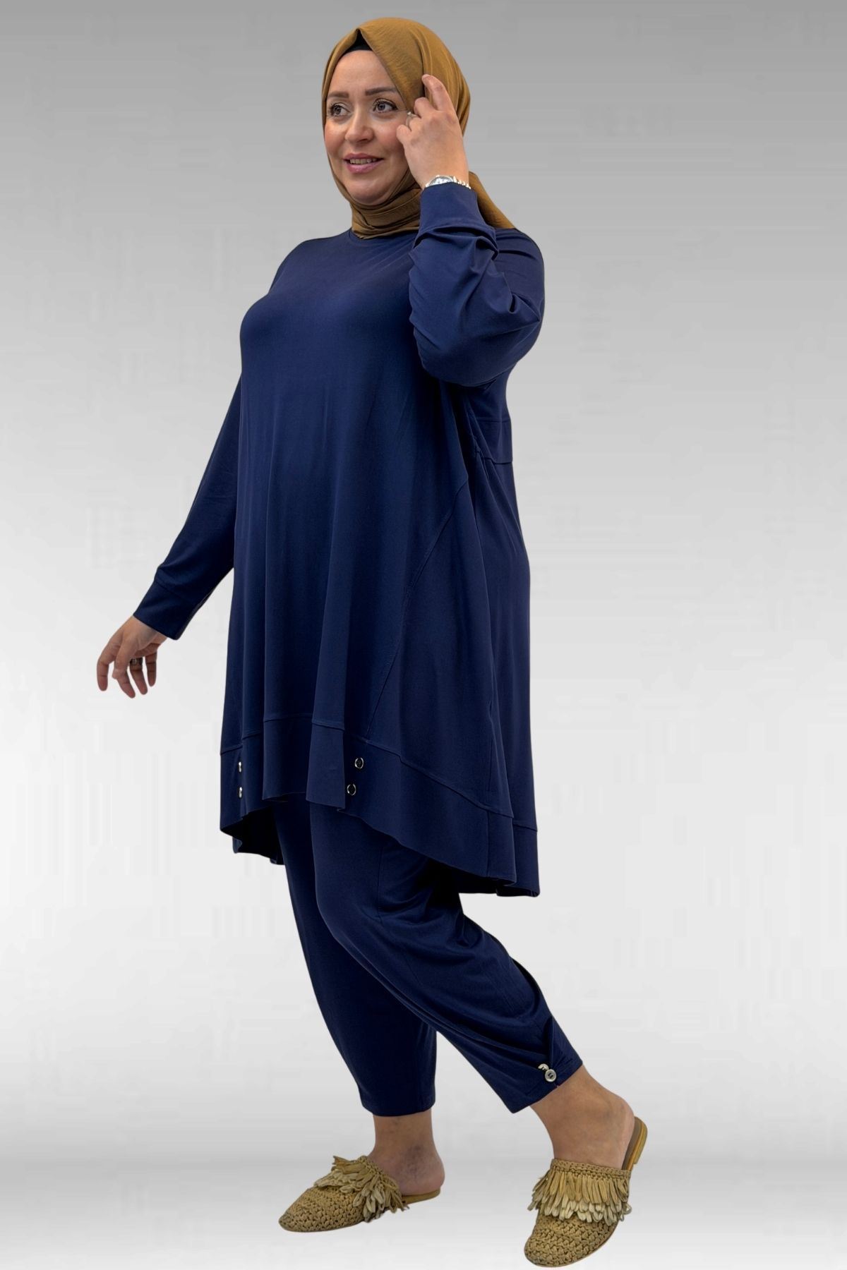67041 Büyük Beden Düğme Detaylı Penye Pantolonlu Takım - İndigo