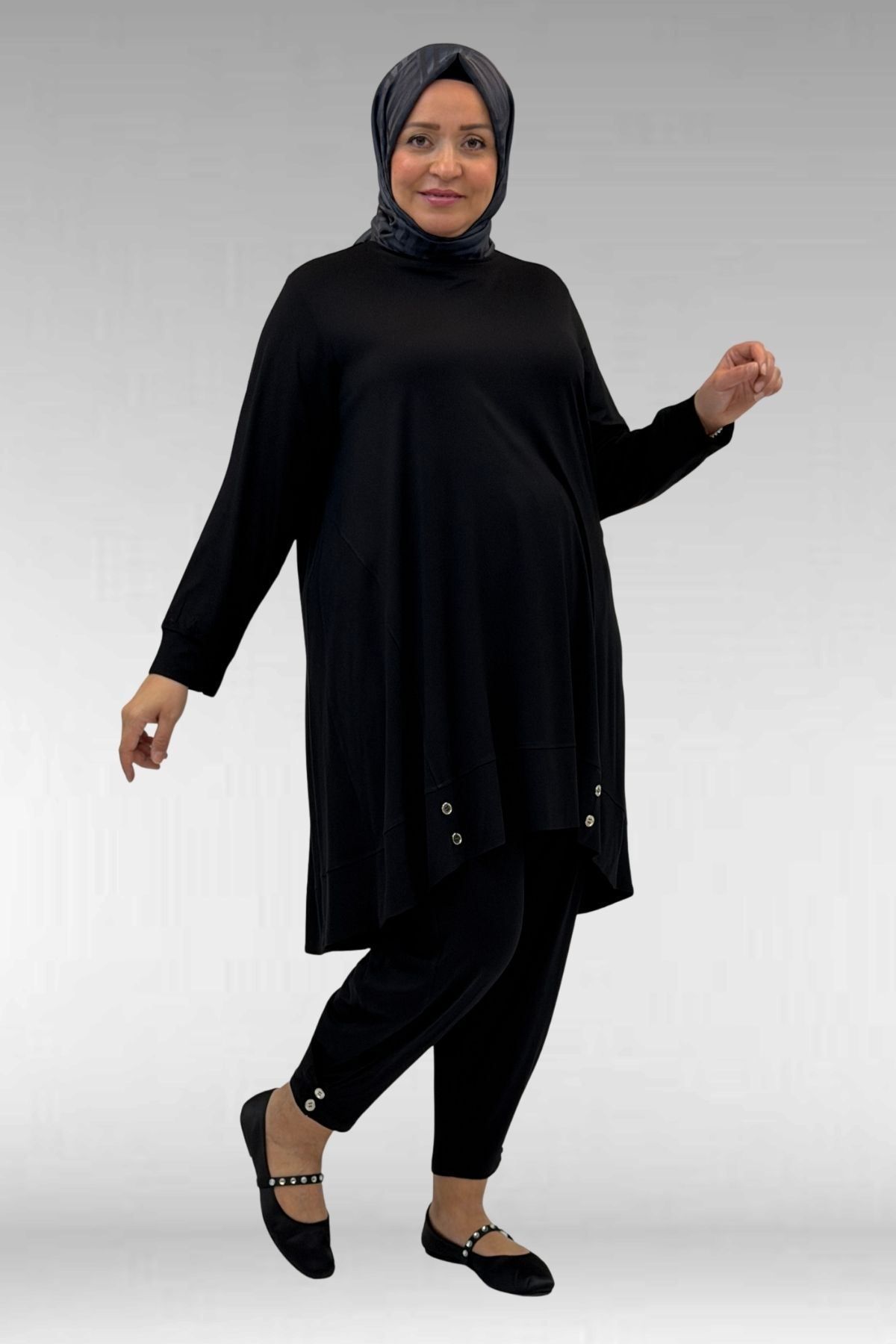 67041 Büyük Beden Düğme Detaylı Penye Pantolonlu Takım - Siyah