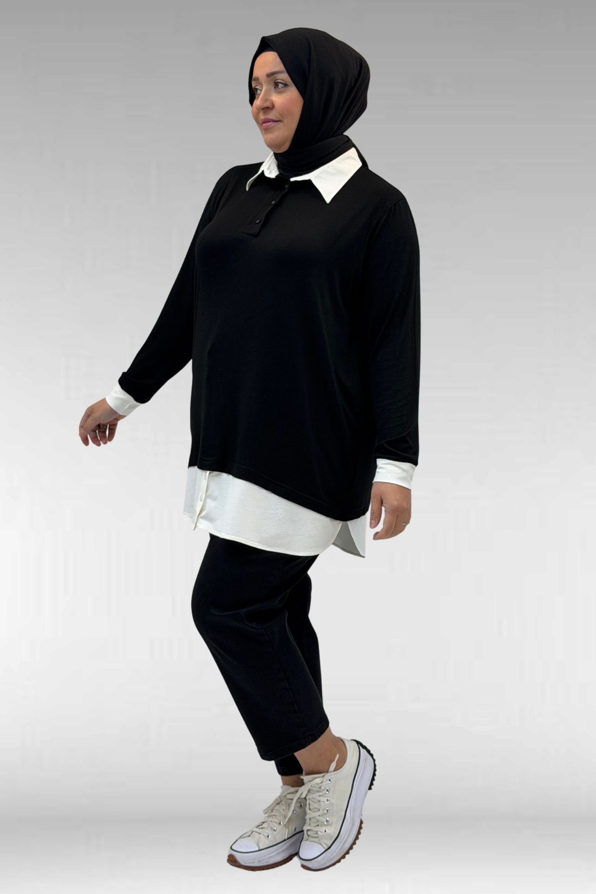 68028 Büyük Beden Kombinli -Manşetli Penye Tunik - Siyah