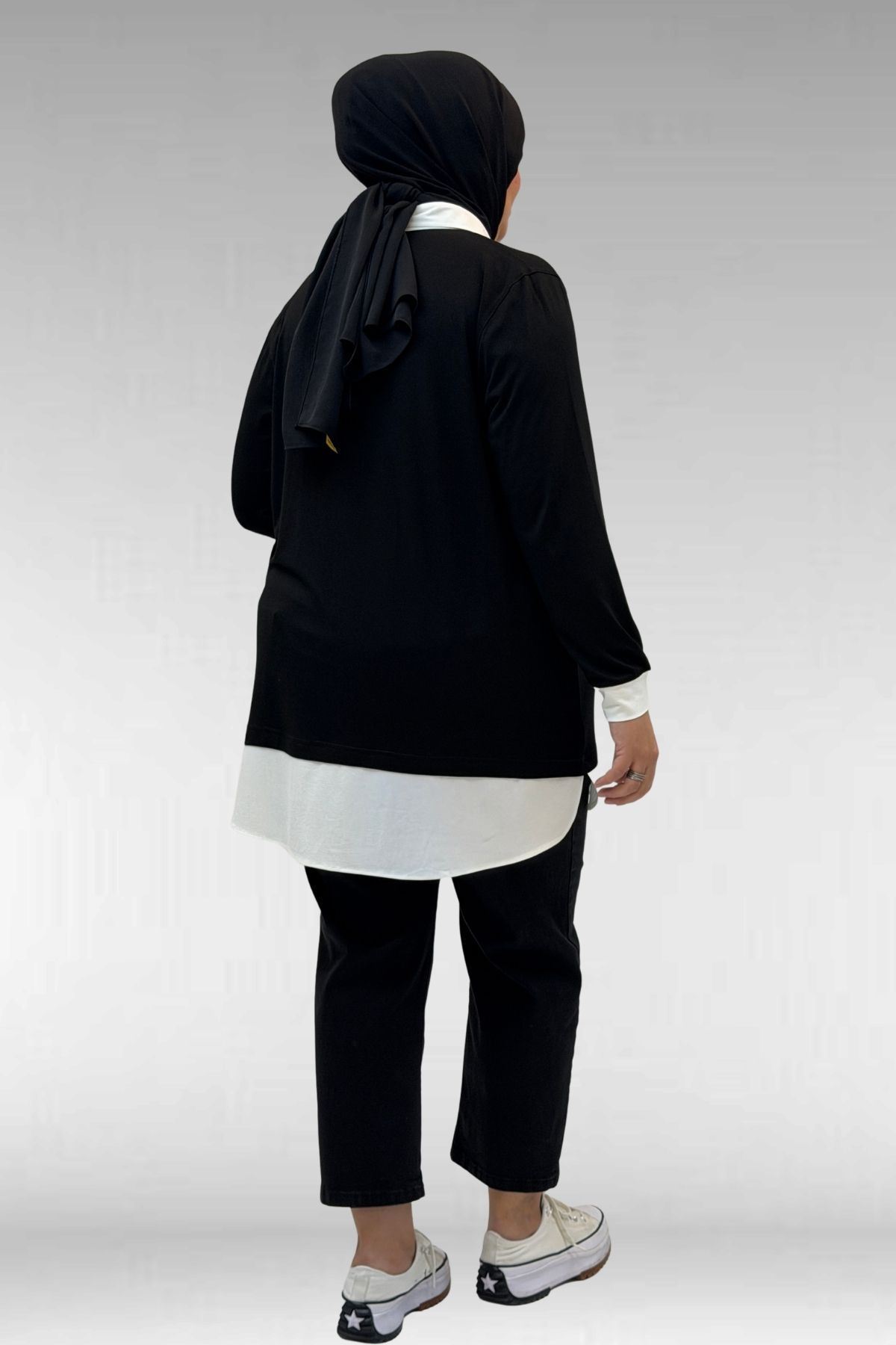 68028 Büyük Beden Kombinli -Manşetli Penye Tunik - Siyah