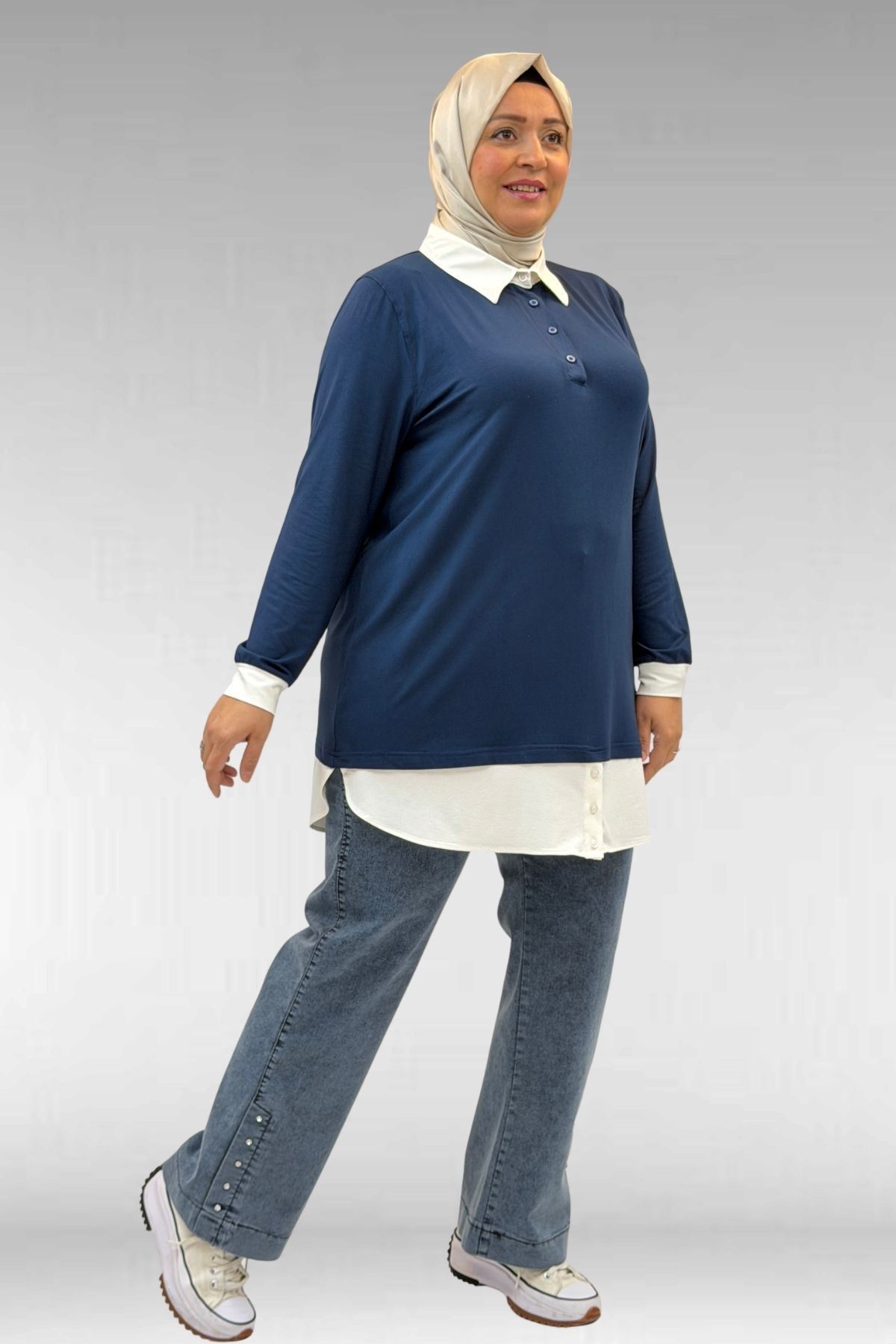 68028 Büyük Beden Kombinli -Manşetli Penye Tunik - Petrol