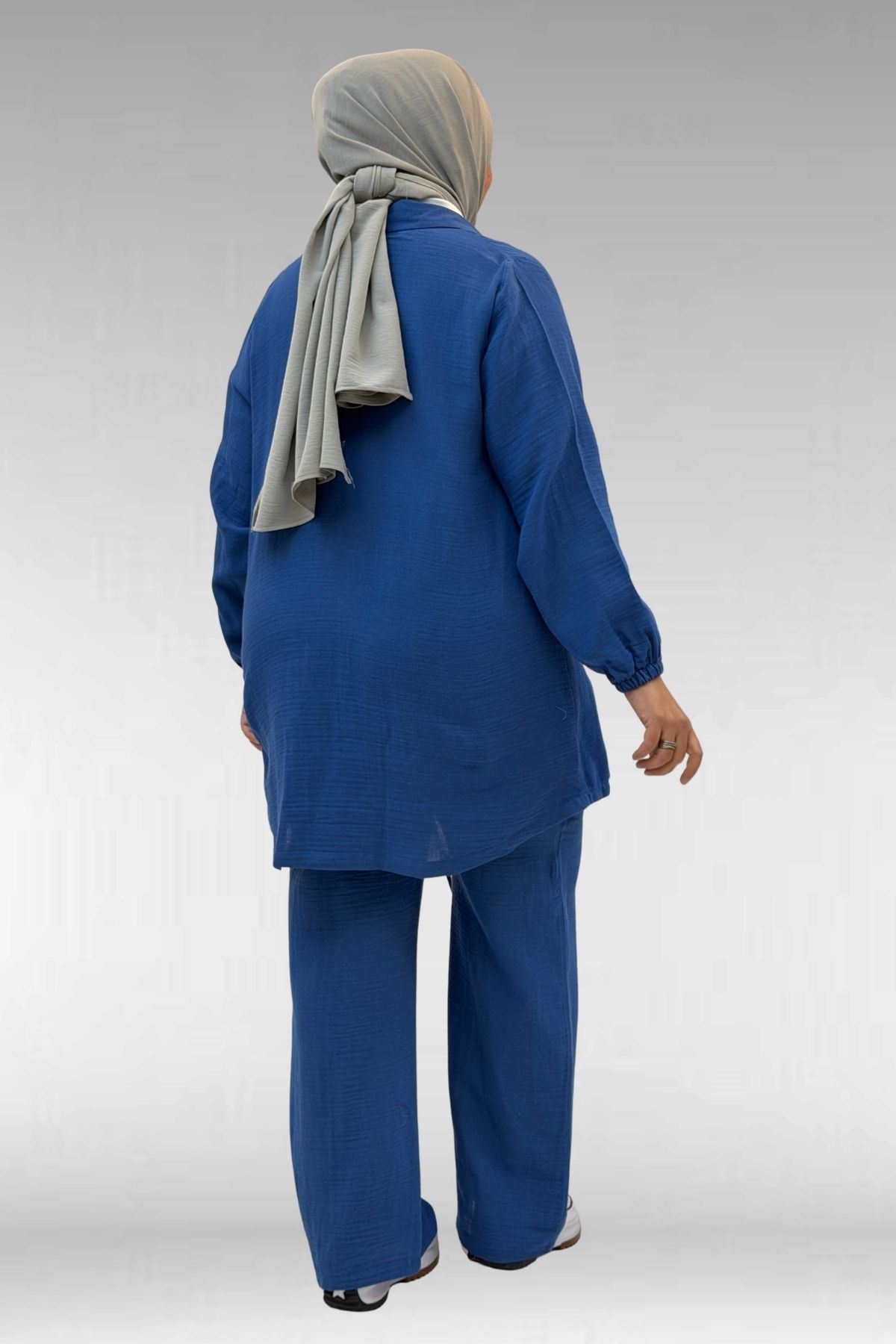 67015 Büyük Beden Cepleri D Toka Detaylı Müslin Pantolonlu Takım - İndigo