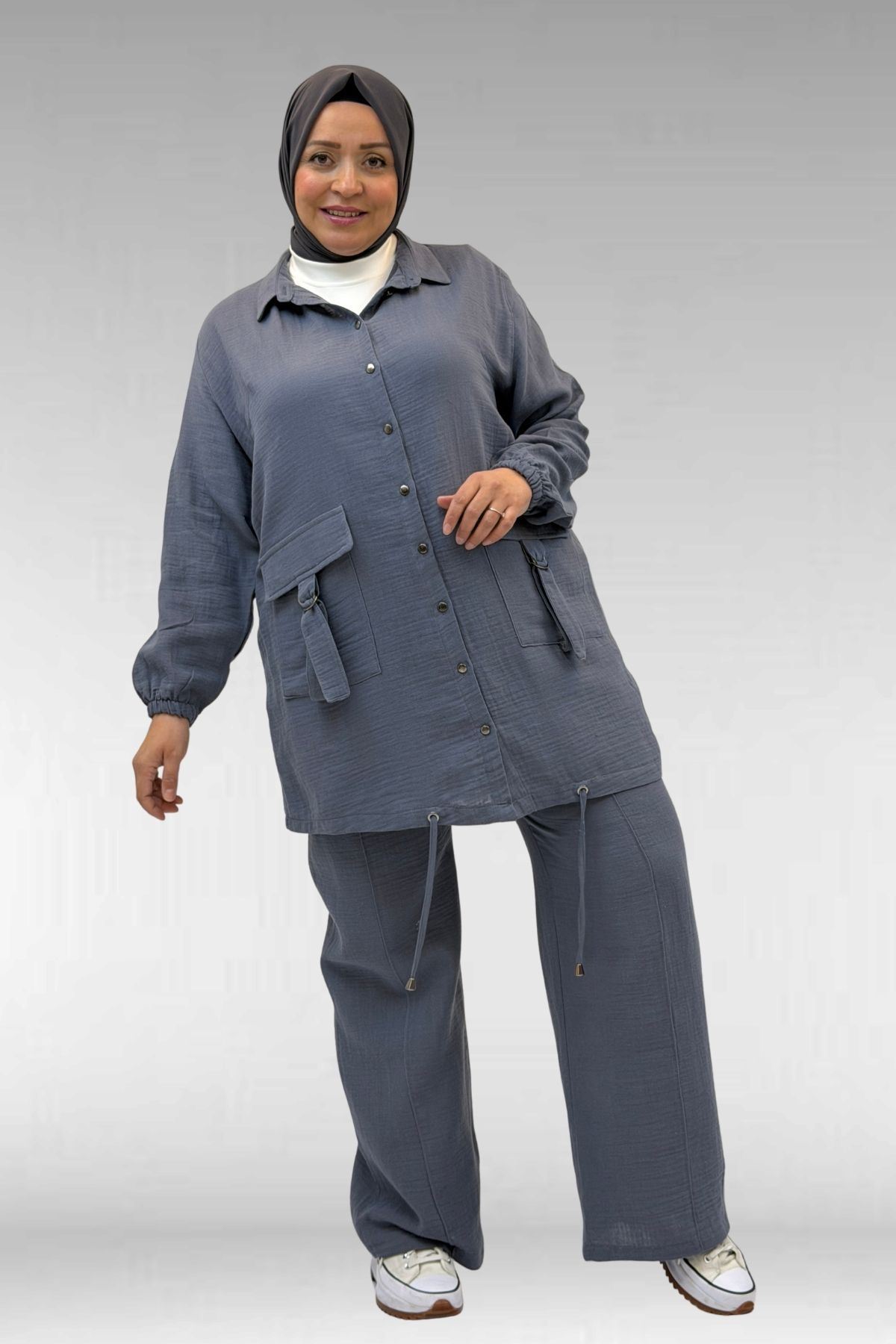 67015 Büyük Beden Cepleri D Toka Detaylı Müslin Pantolonlu Takım - Antrasit