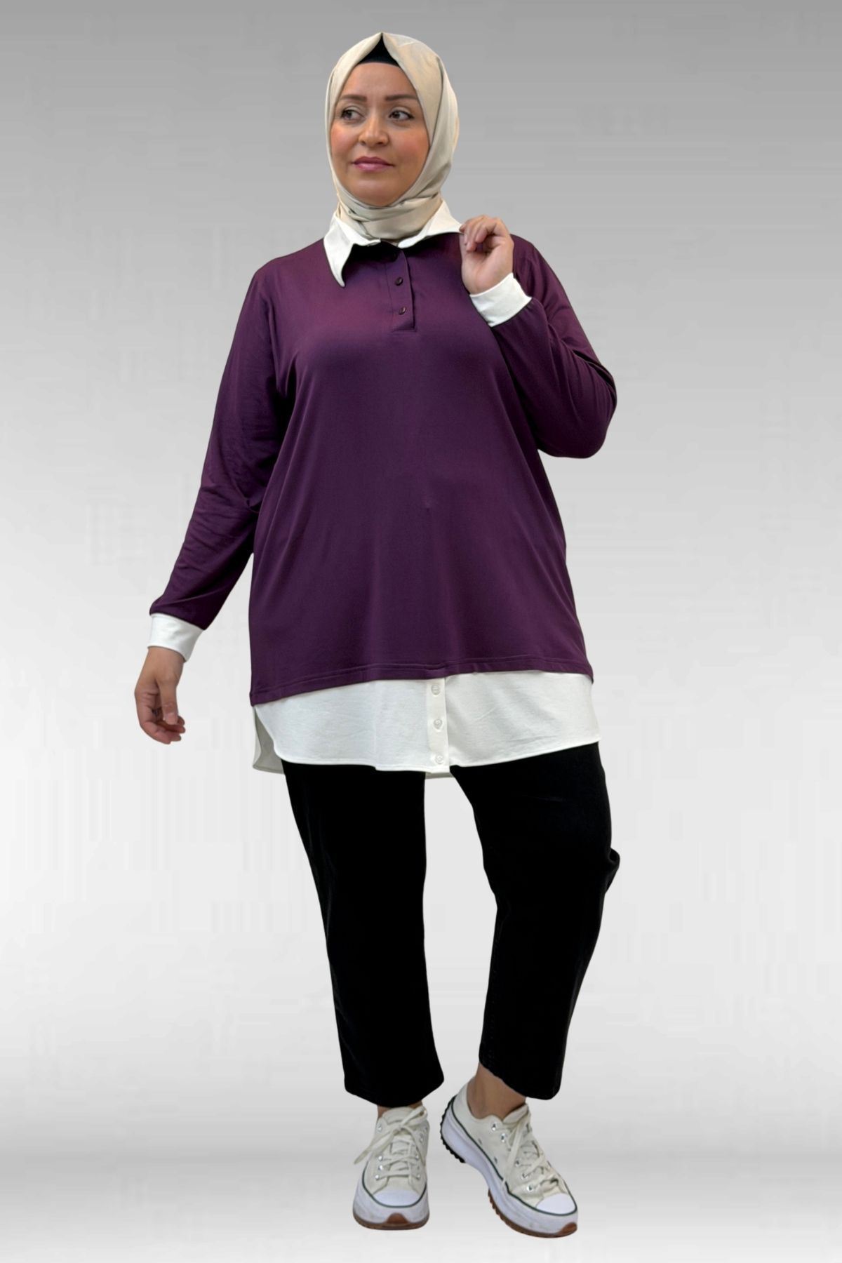 68028 Büyük Beden Kombinli -Manşetli Penye Tunik - Mürdüm