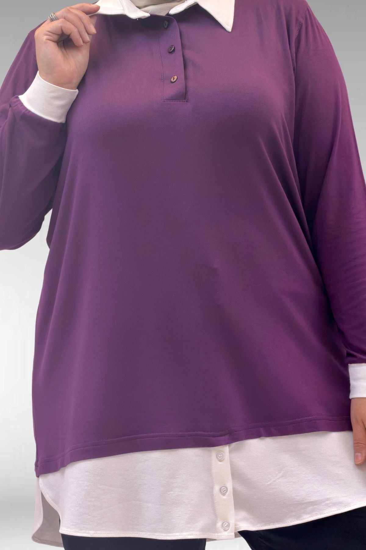 68028 Büyük Beden Kombinli -Manşetli Penye Tunik - Mürdüm