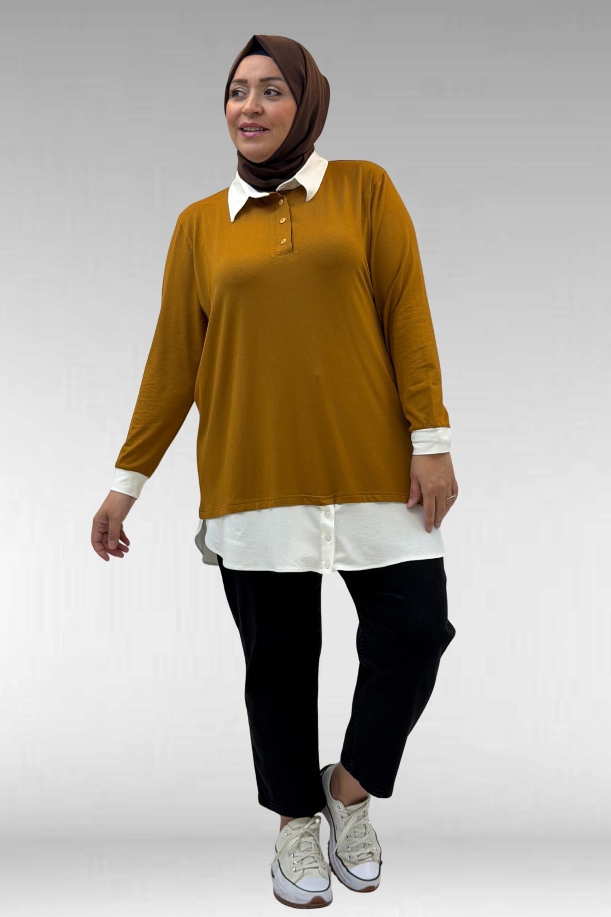 68028 Büyük Beden Kombinli -Manşetli Penye Tunik - Hardal