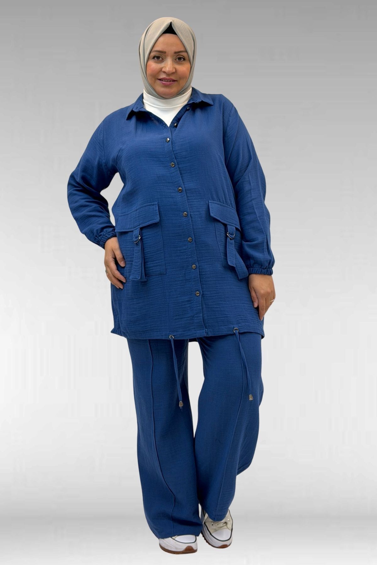 67015 Büyük Beden Cepleri D Toka Detaylı Müslin Pantolonlu Takım - İndigo