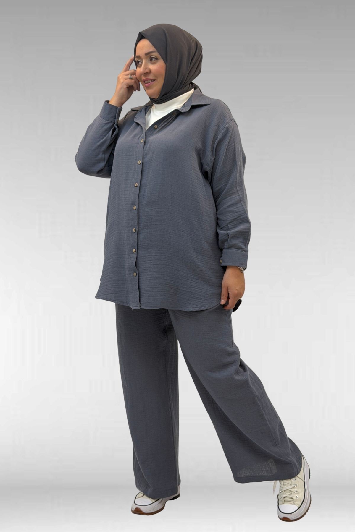 67038 Büyük Beden Erkek Yakalı Müslin Pantolonlu Takım - Antrasit